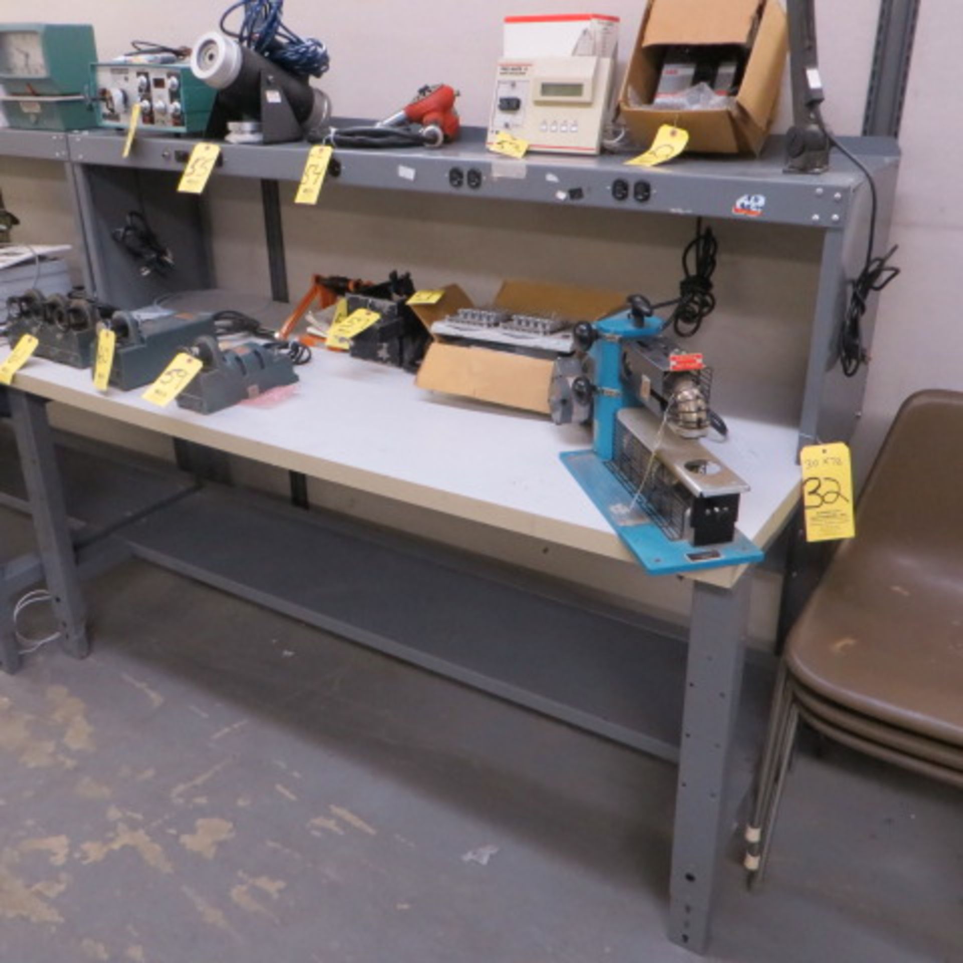 30X72 ELECTRONIC ASSEMBLY WORK BENCH W/ O/H SHELF & POWER STRIP, ADJ LEGS