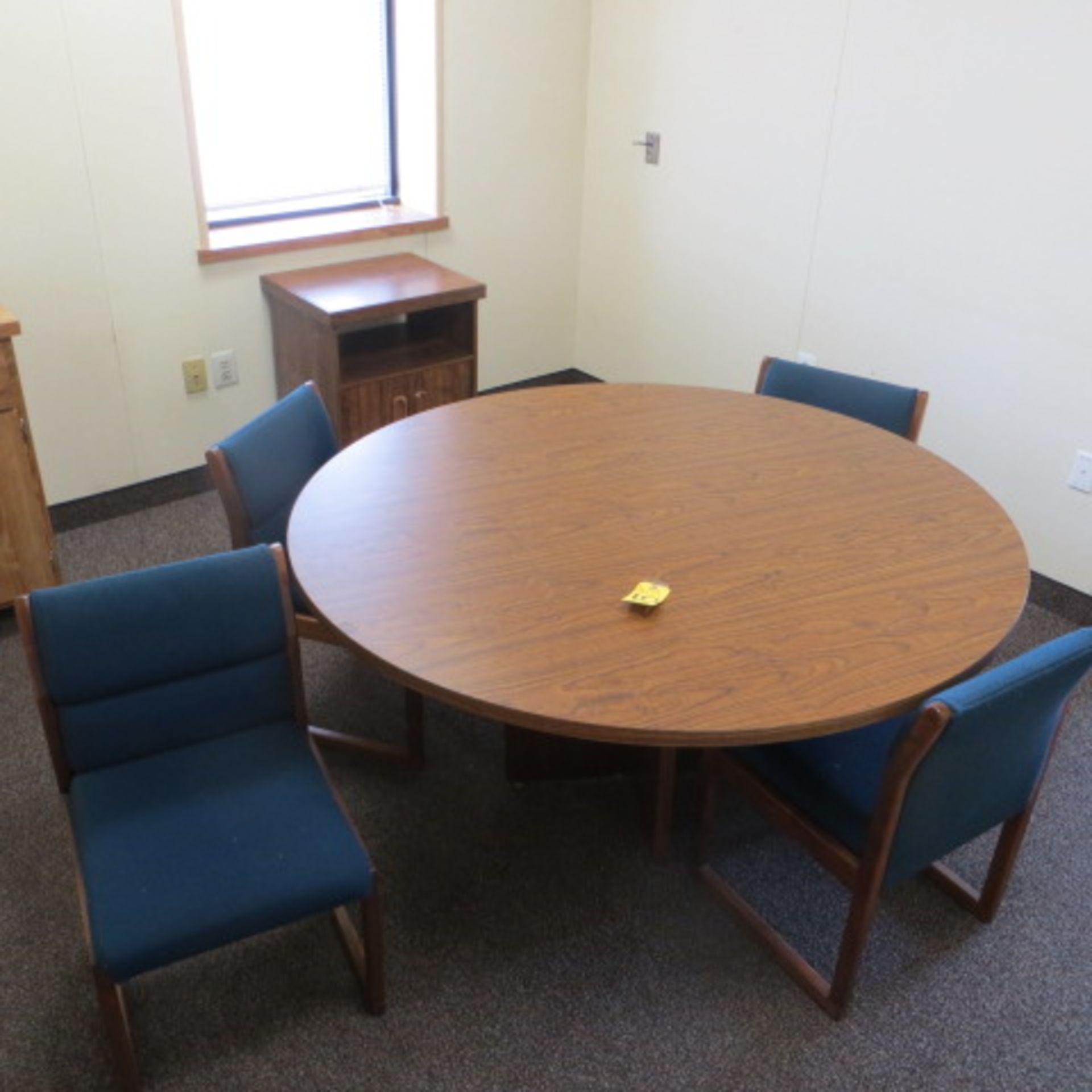 60 INCH WALNUT LAMINATE TABLE & (4) UPH SIDE CHAIRS W/ COFFEE CAB