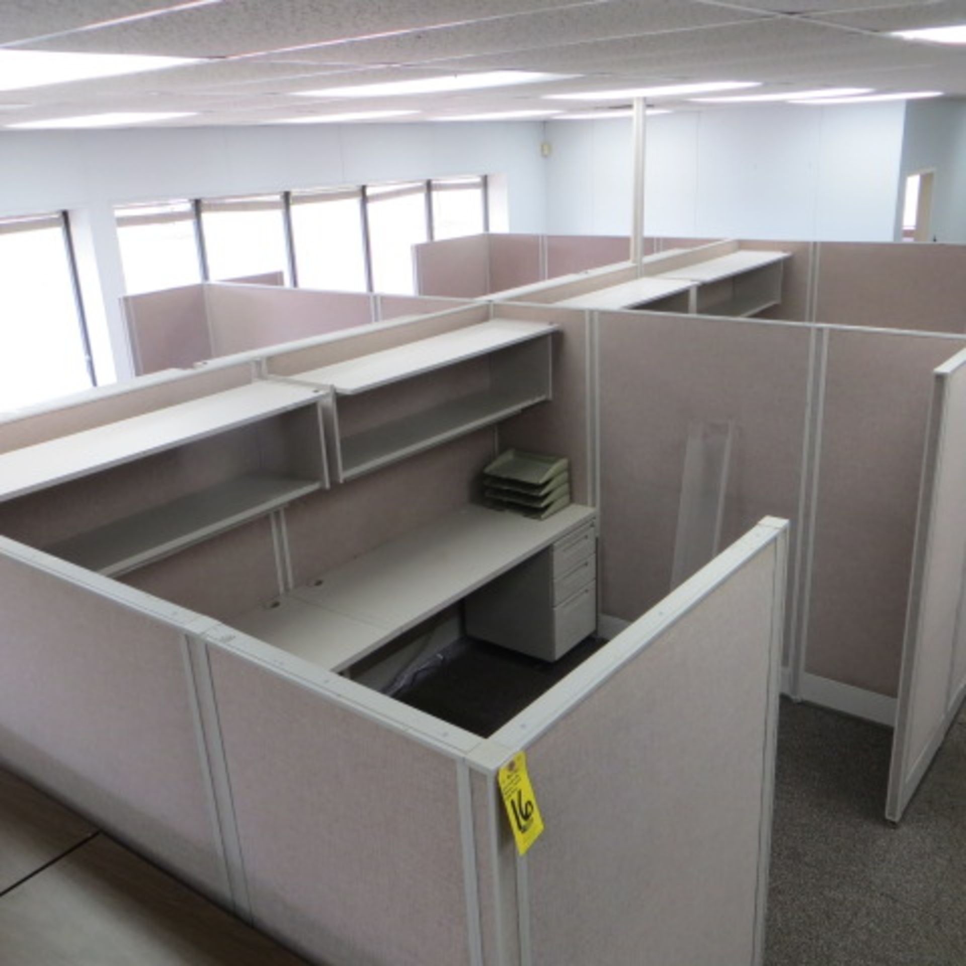(4) 90 X 120 (APPROX) ACOUSTICAL PANEL WORKSTATIONS W/ WORK SURFACES, O/H SHELVES & PEDESTALS