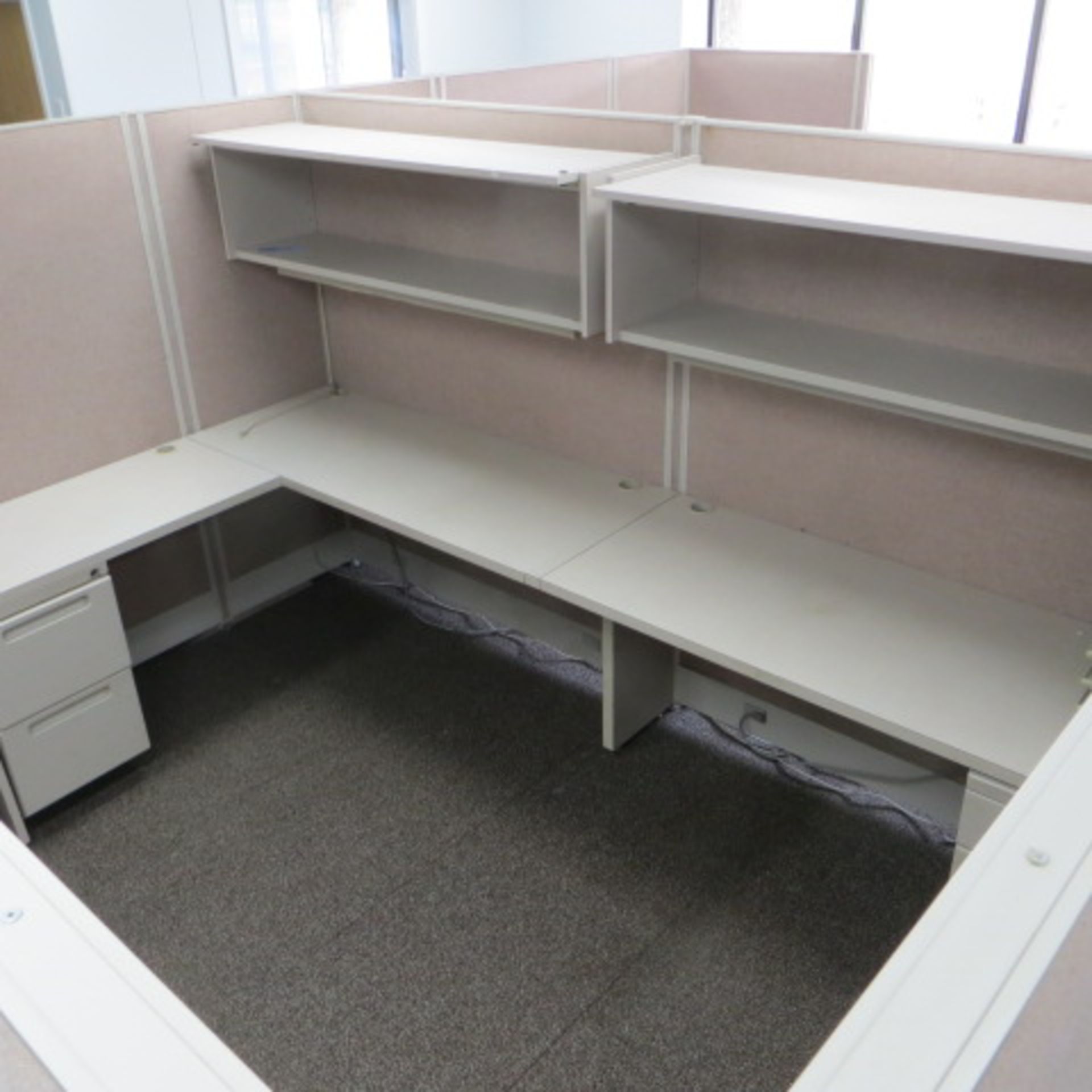 (4) 90 X 120 (APPROX) ACOUSTICAL PANEL WORKSTATIONS W/ WORK SURFACES, O/H SHELVES & PEDESTALS - Image 2 of 2