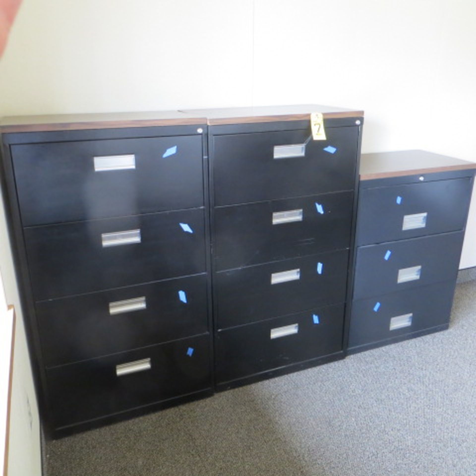 (2) 30 INCH 4-DRAWER & (1) 30 INCH 3-DRAWER LATERAL FILE CABINETS W/ LAMINATE TOP