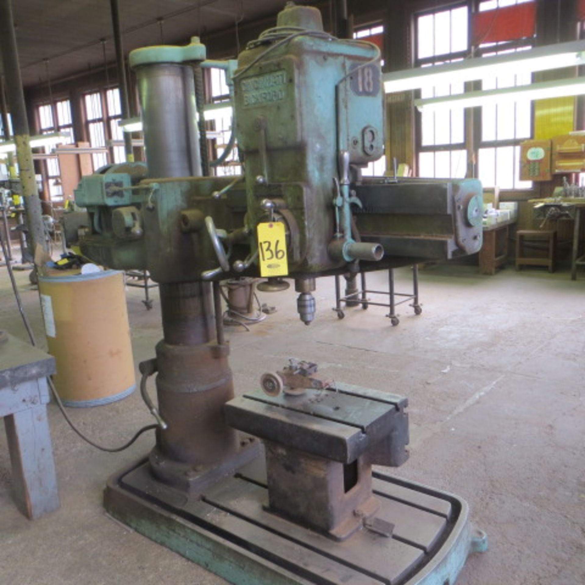 CINCINNATI BICKFORD RADIAL ARM DRILL, S/N IR299, 100-2000 RPM, 22 IN X 16 IN BOX TABLE