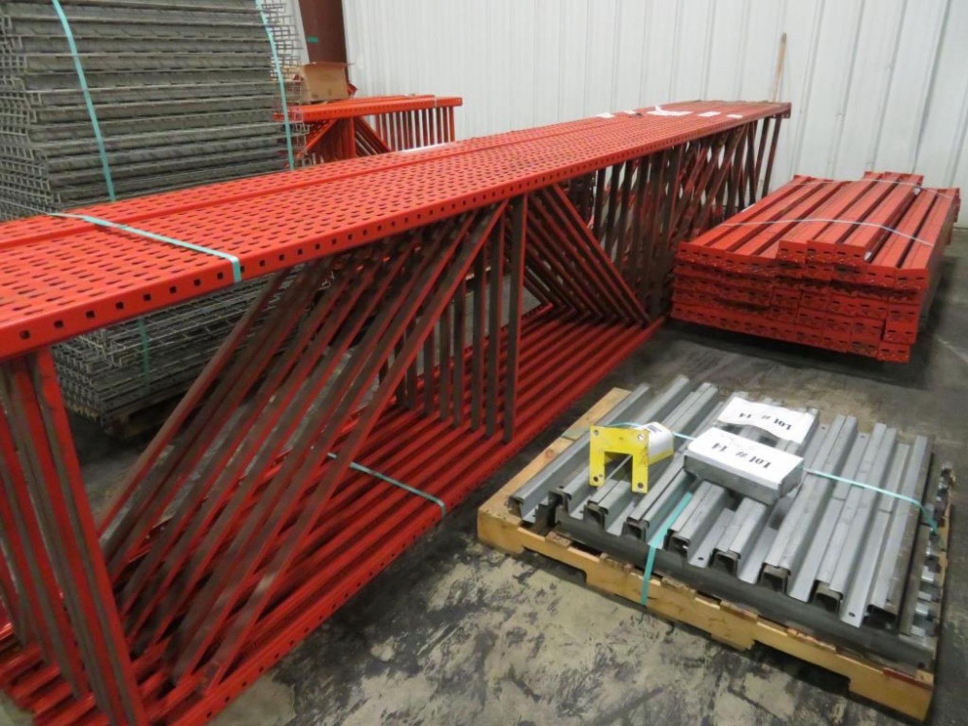 Paltier Pallet Racking 9 uprights 3"x 2 1/4", 42" wide and 18' tall, 48 beams 4 1/8" x 2 3/4" & 8'