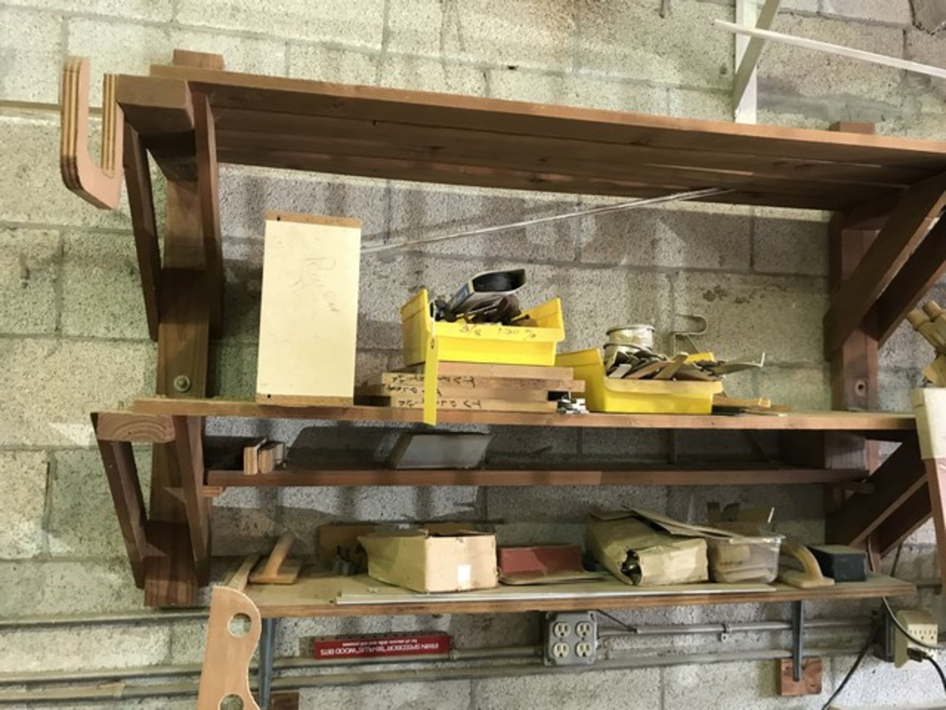 LOT - 3 WOOD SHELVES WITH CONTENTS