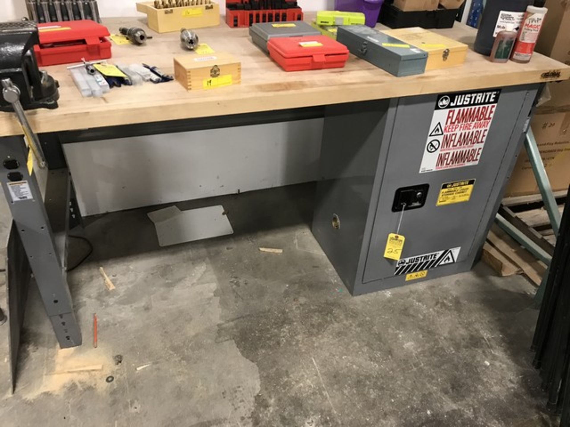 GLOBAL WORK BENCH WITH WOOD TOP & JUSTRITE FIRE CABINET