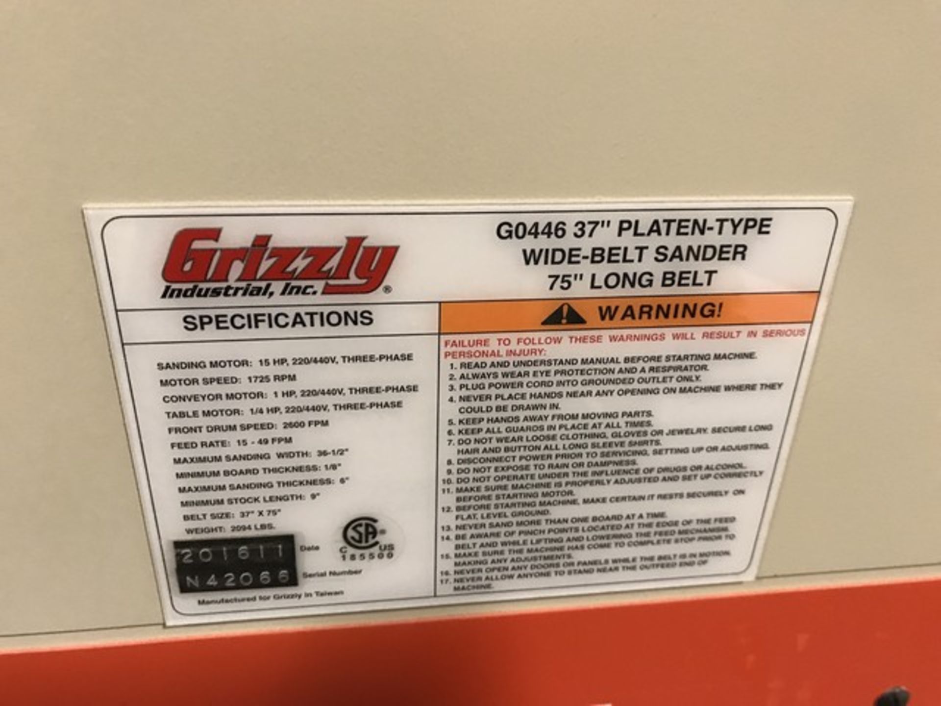 GRIZZLY G0446 PLATEN-TYPE WIDE BELT SANDER - 37''x75'' - Image 2 of 7