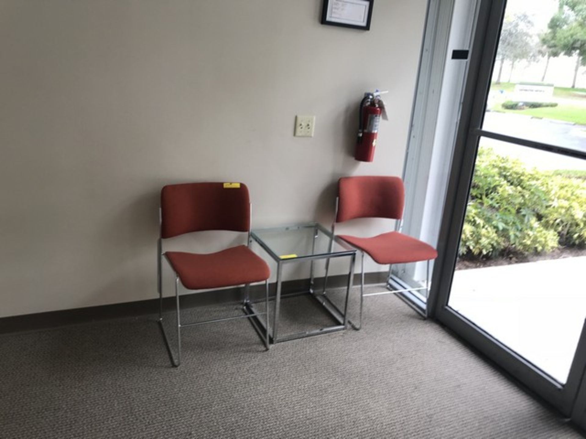 PIECES - 2- ORANGE CHAIRS / GLASS END TABLE