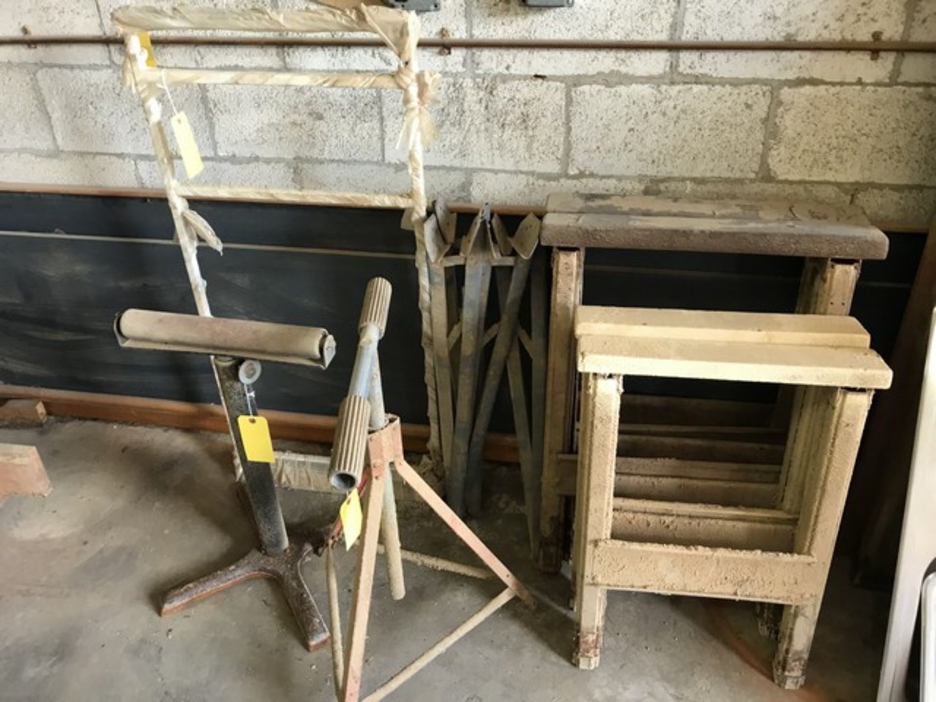 LOT SAW HORSES, STANDS, ROLLER STANDS, ETC.