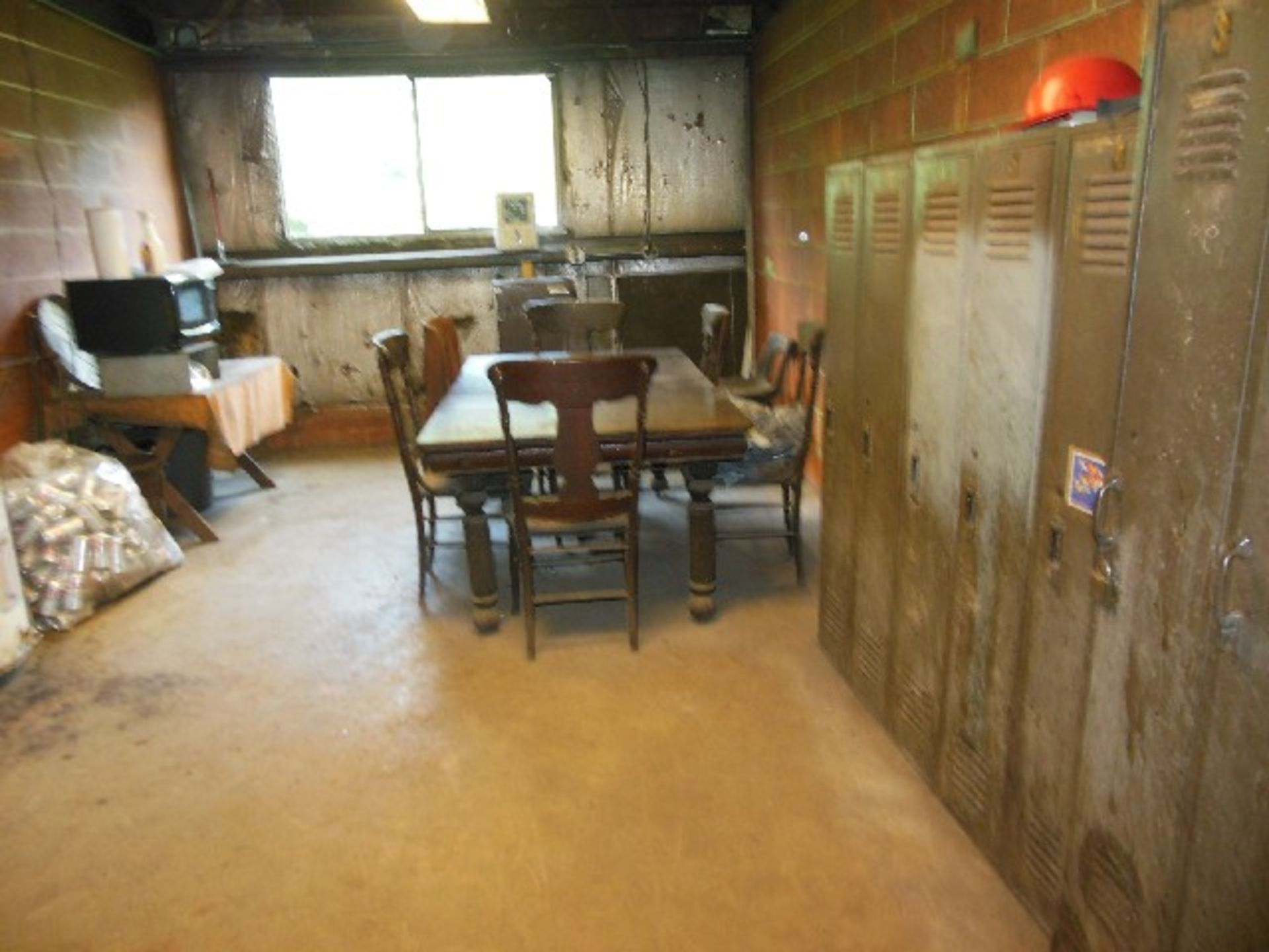 LOT: CONTENTS OF BREAKROOM: TABLE; REFRIGERATOR; CHAIRS; LOCKERS; HOSE