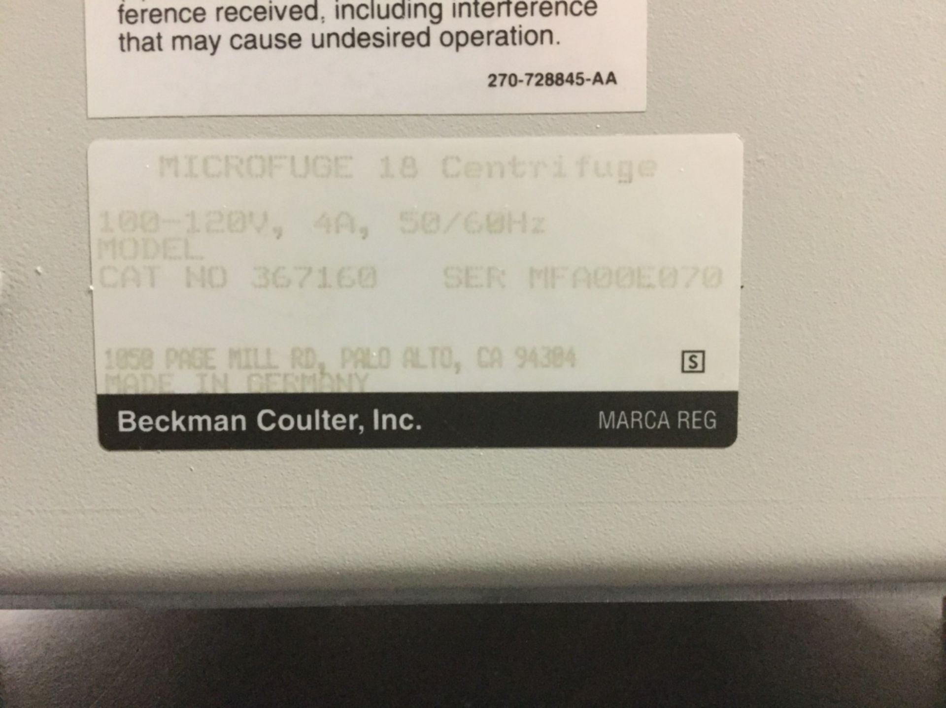 Beckman Coulter Microfuge 18 Centrifuge - Image 3 of 3