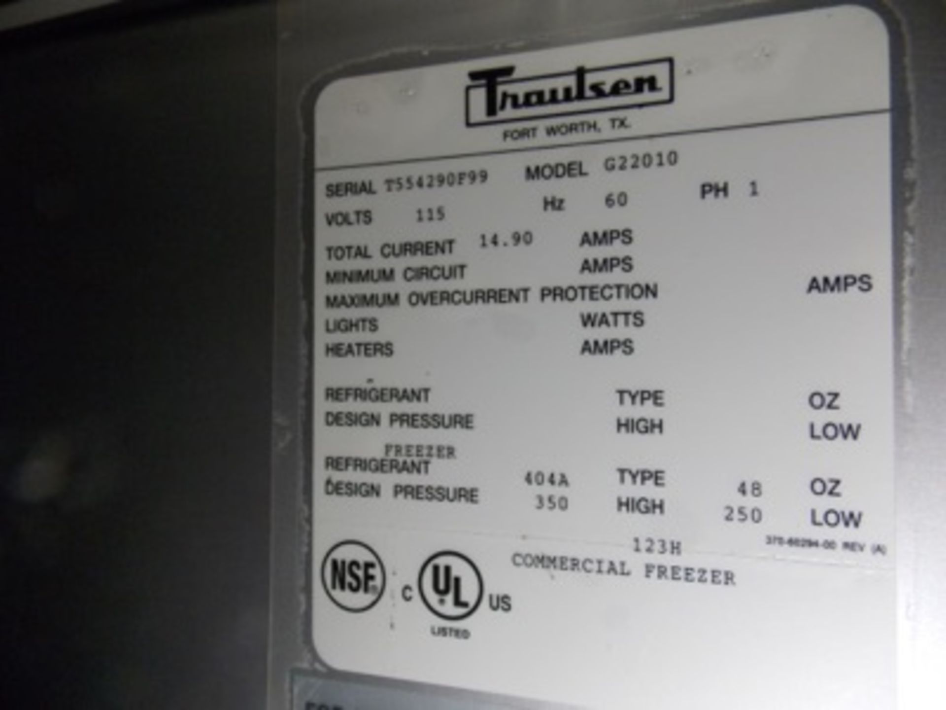 Traulsen S.S. Double Door Freezer mod. G22010 115V - Image 3 of 3