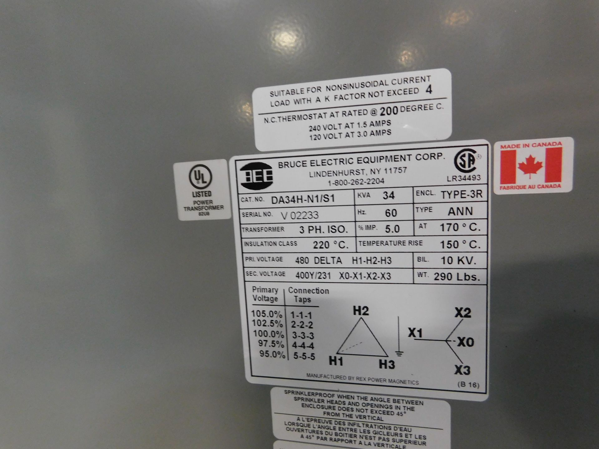 BEE Cat# DA34H-N1/S1, 34 KVA Transformer Converter. S/N 8008 - Image 2 of 2