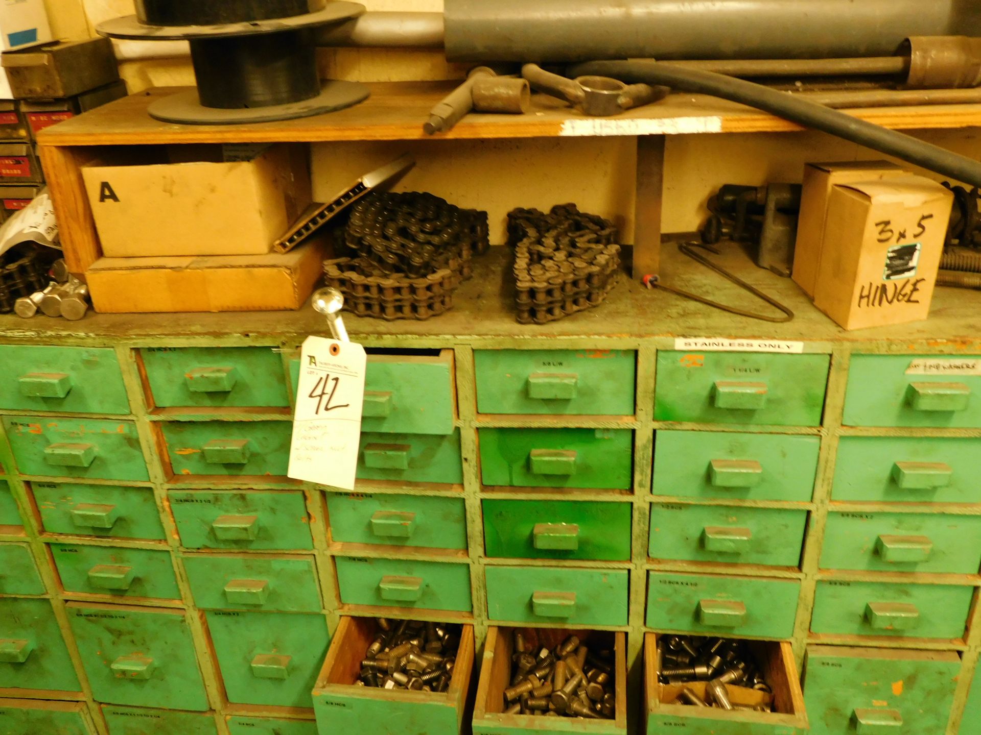 (Lot) Screws, Nuts, Bolts w/ Green Cabinet