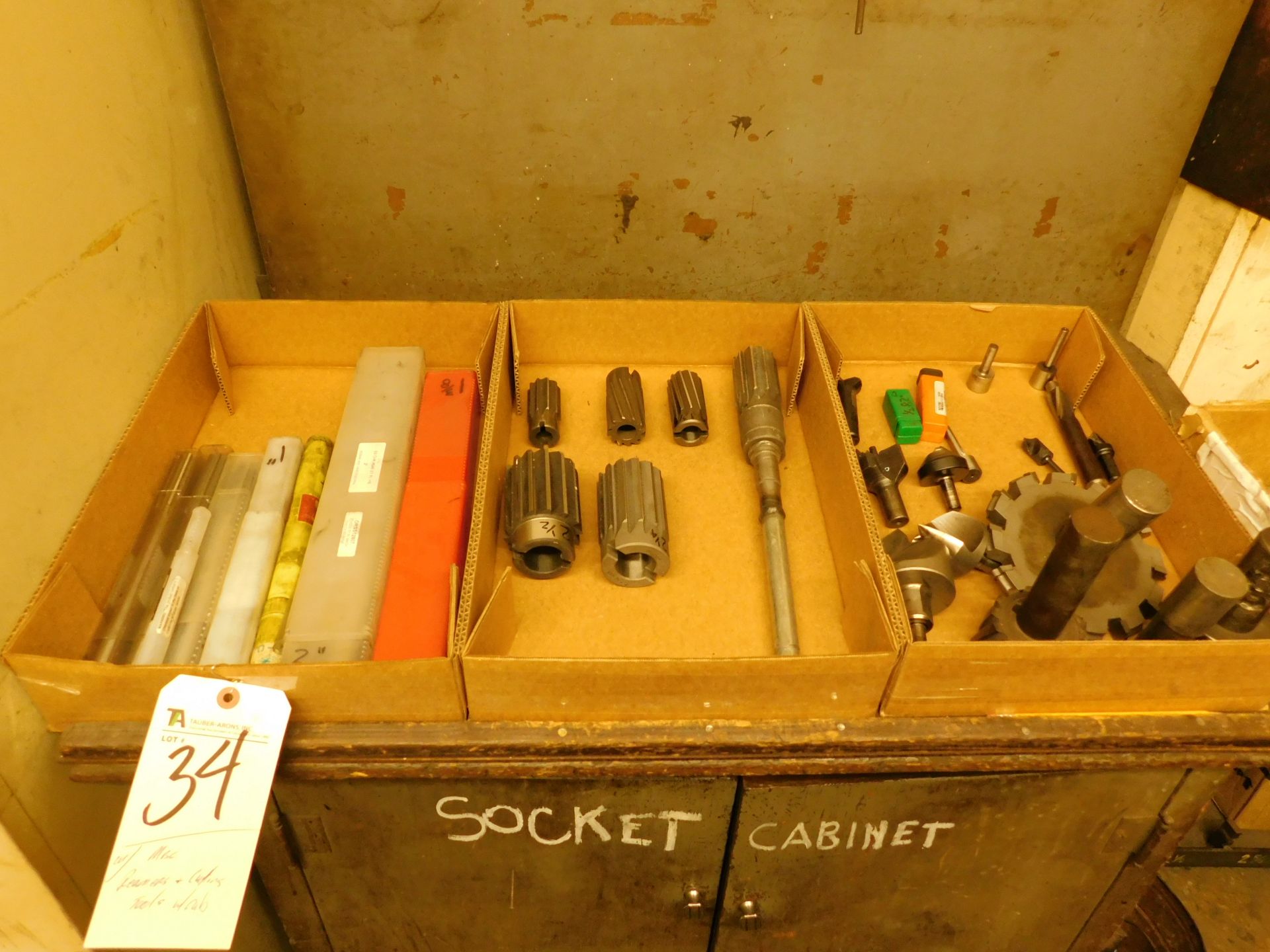 (Lot) Misc Reamers, Cutting Tools w/ Cabinet