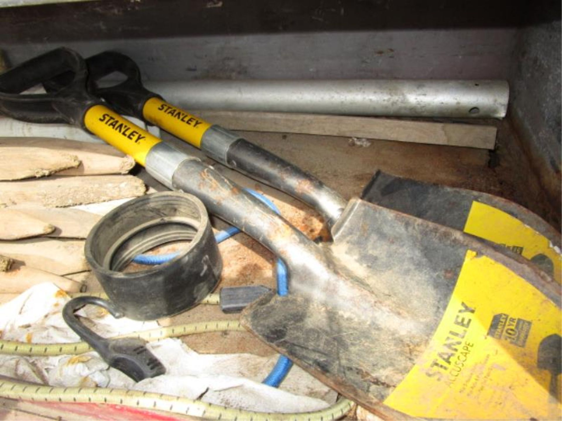 Lot - (2) Stanley Accuscape Shovels, Small Tool Box w/ Tools, (2) Trowels, Wrench Set, Stakes, Etc. - Image 6 of 6