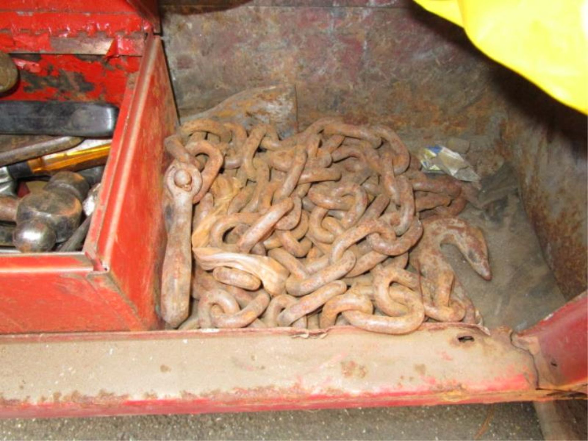 Bottom Shelf Lot - Small Tool Box w/ Tools, Pump Jack, 4 Way, Chain, Hard Hats - Image 4 of 5