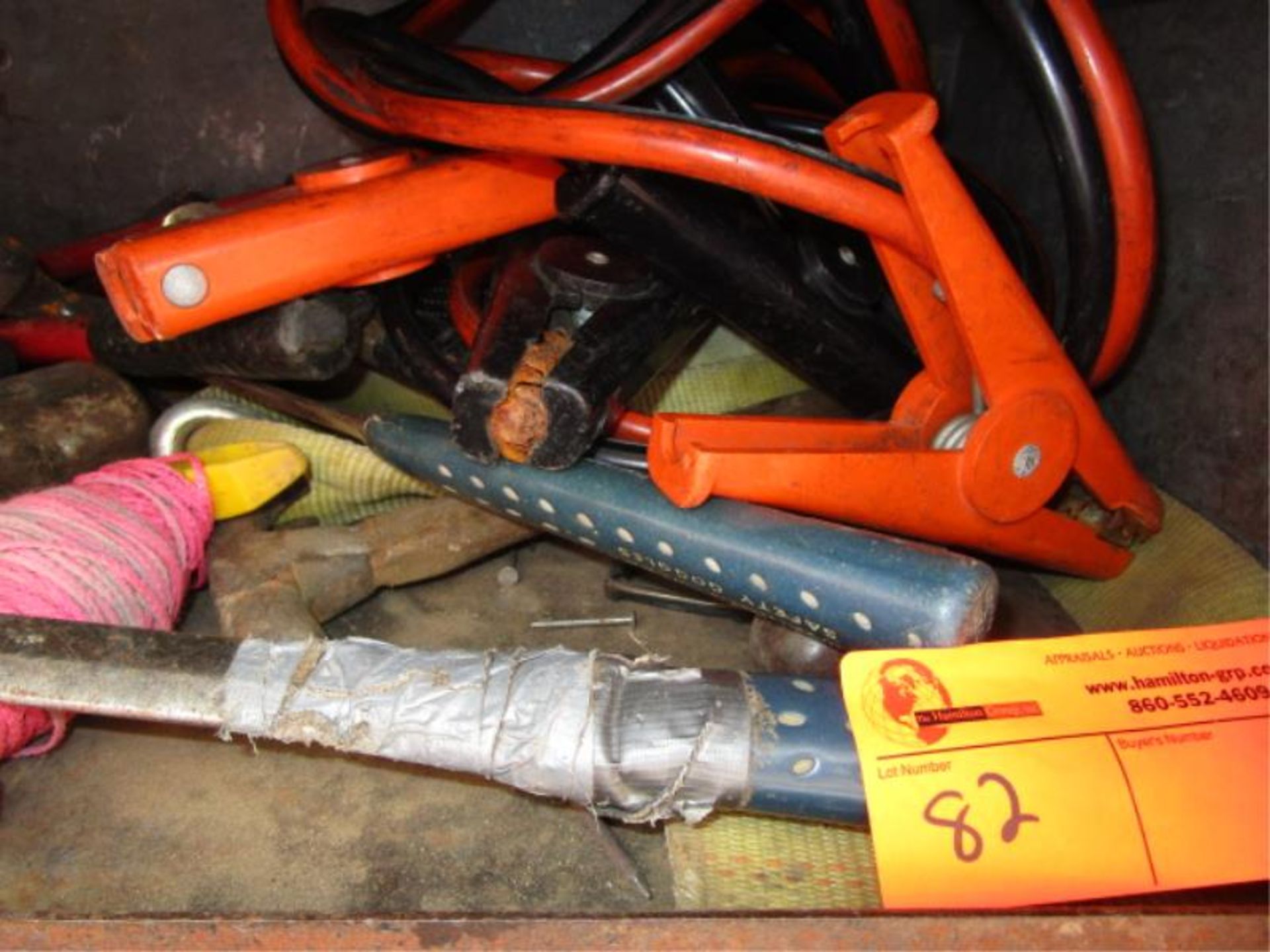 Top Shelf Lot - Asst. Hammers, Pipe Wrenches, Tie Down, Wedges, Jumper Cables - Image 5 of 5