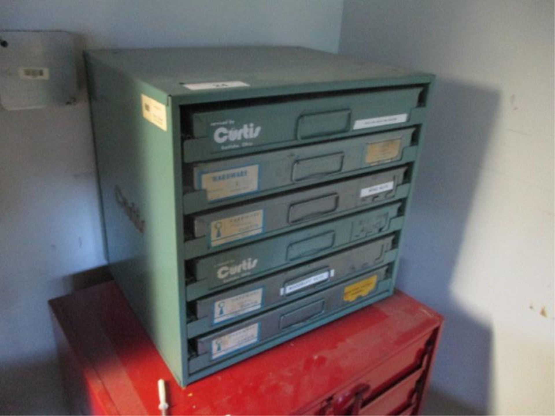 6 Drawer Curtis Hardware Cabinet w/ Nuts, Bolts, Wing Nuts, Woodruff Keys & Grease Fittings