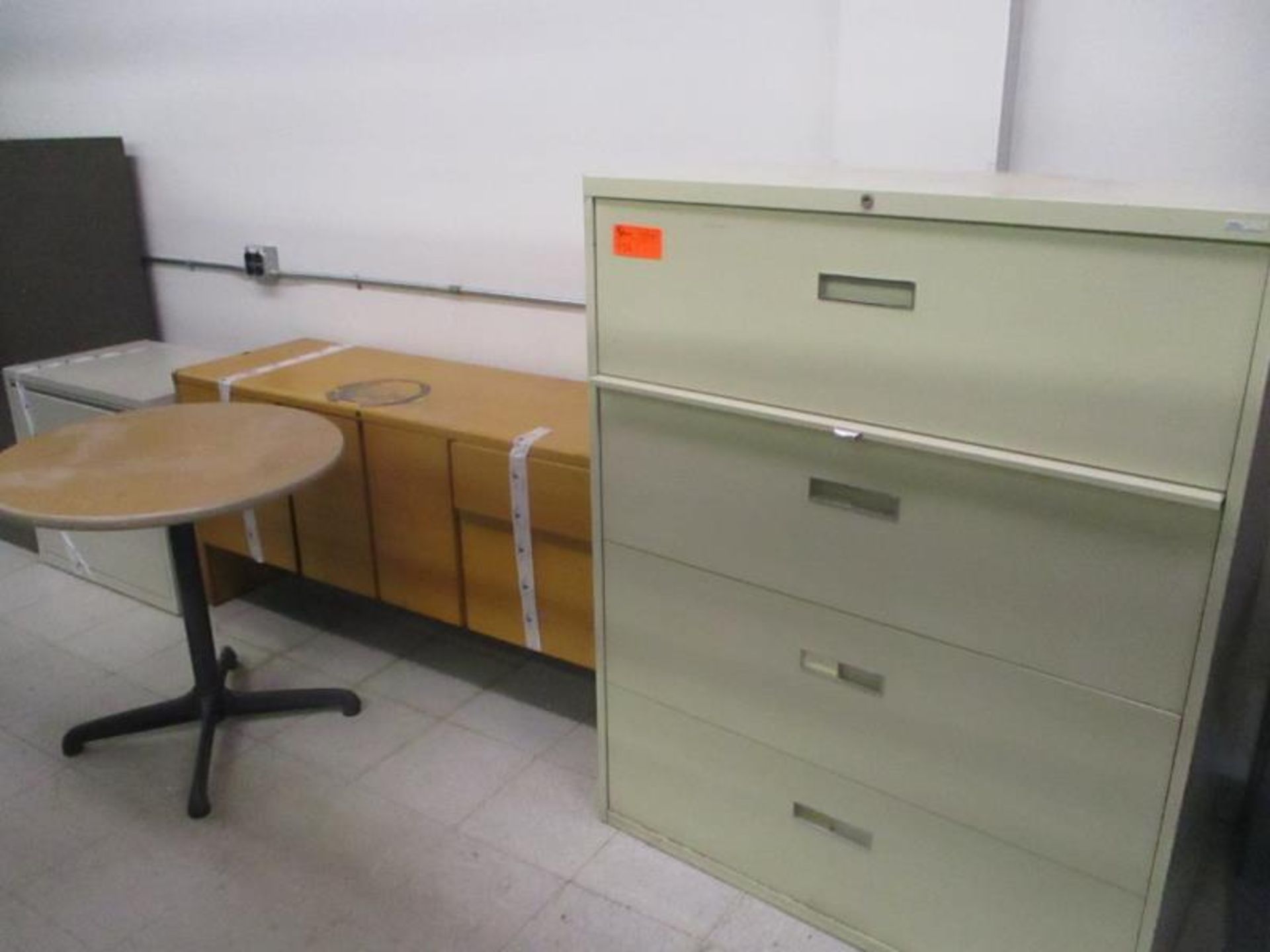 Four Drawer Lateral File, Wood Credenza, Round Table