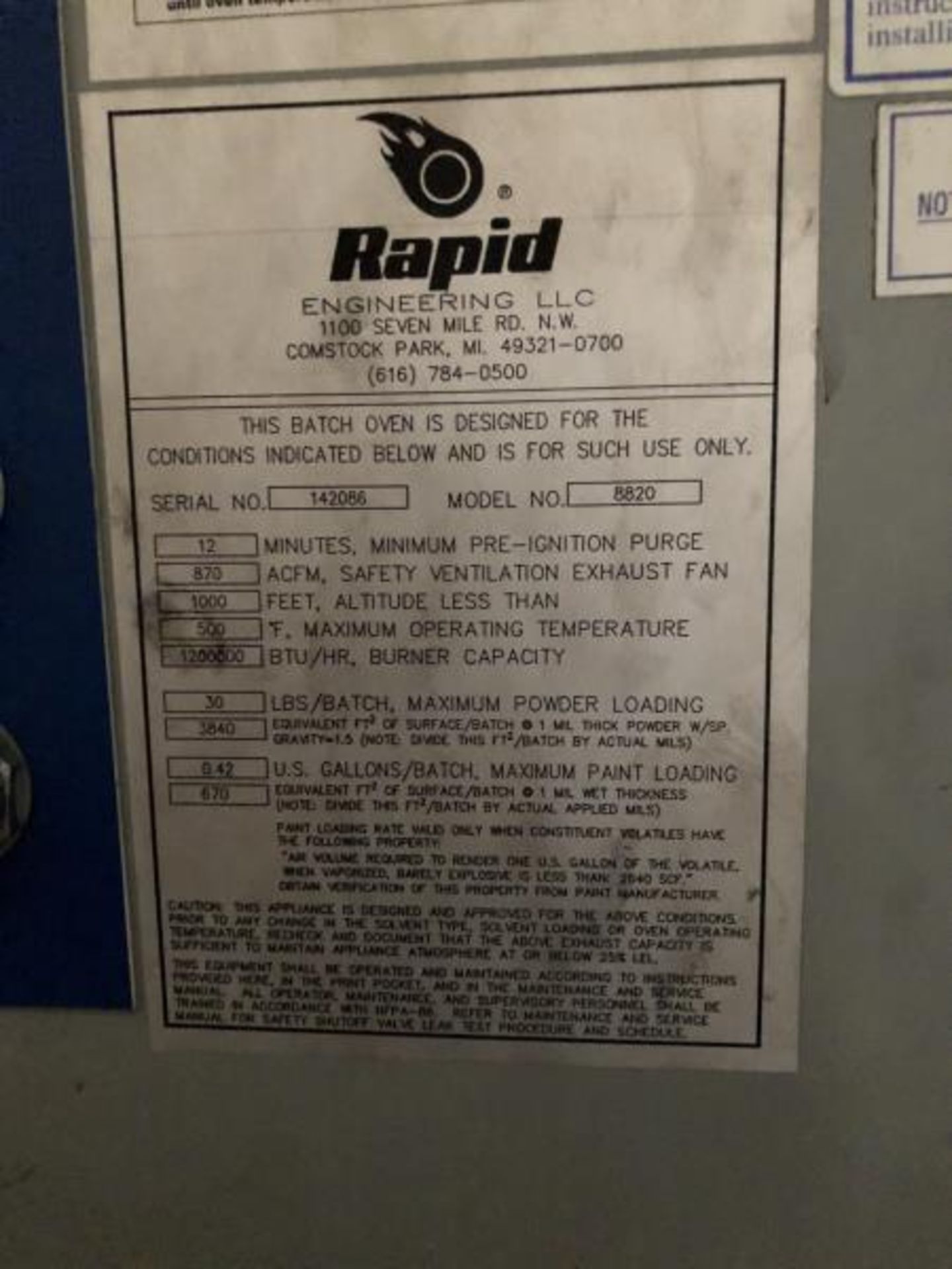 Rapid Engineering Batch Oven M: 8820, SN: 142086, 208V, 3 Phase, 60 cycle - Image 15 of 17