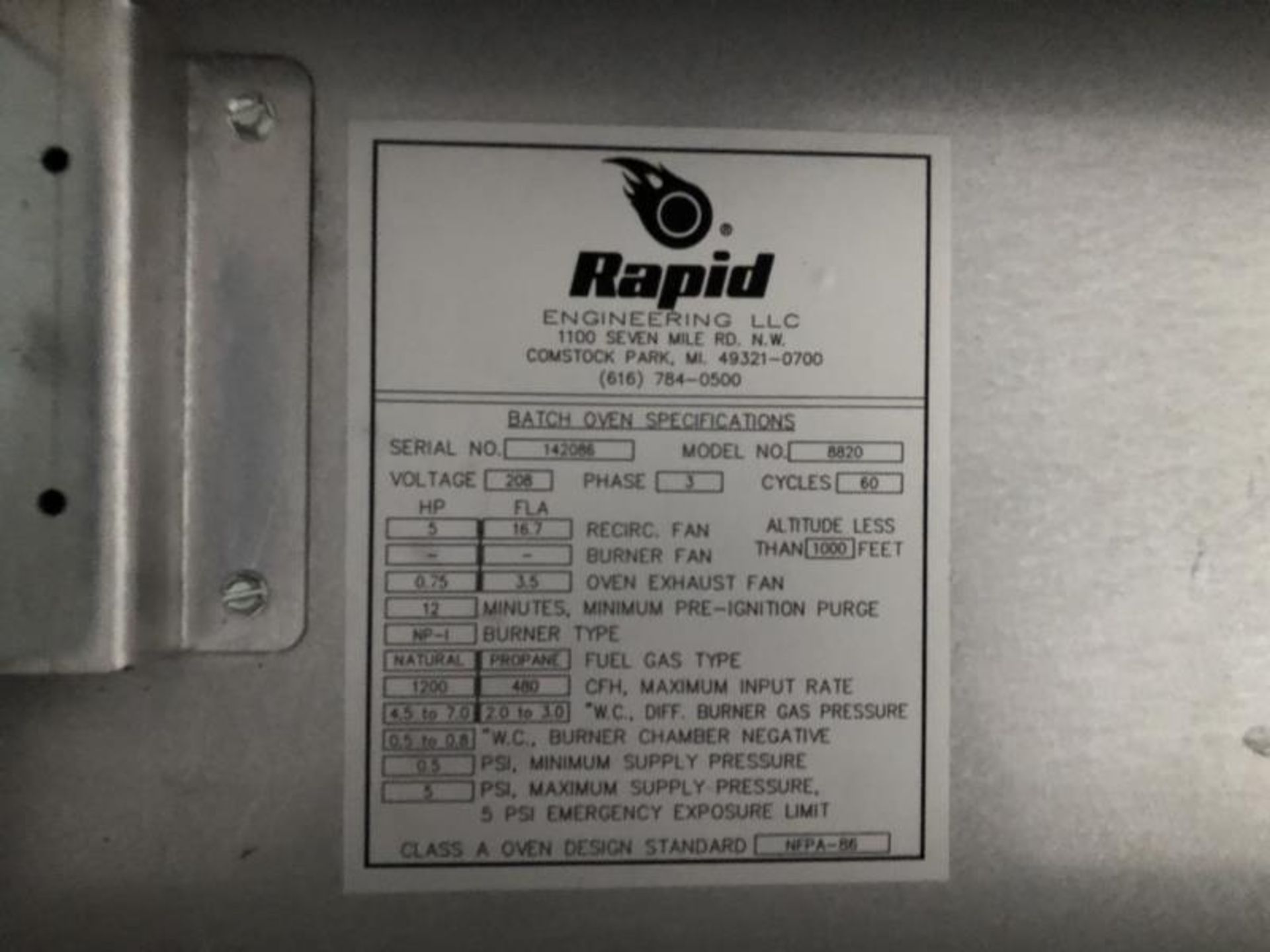 Rapid Engineering Batch Oven M: 8820, SN: 142086, 208V, 3 Phase, 60 cycle - Image 13 of 17