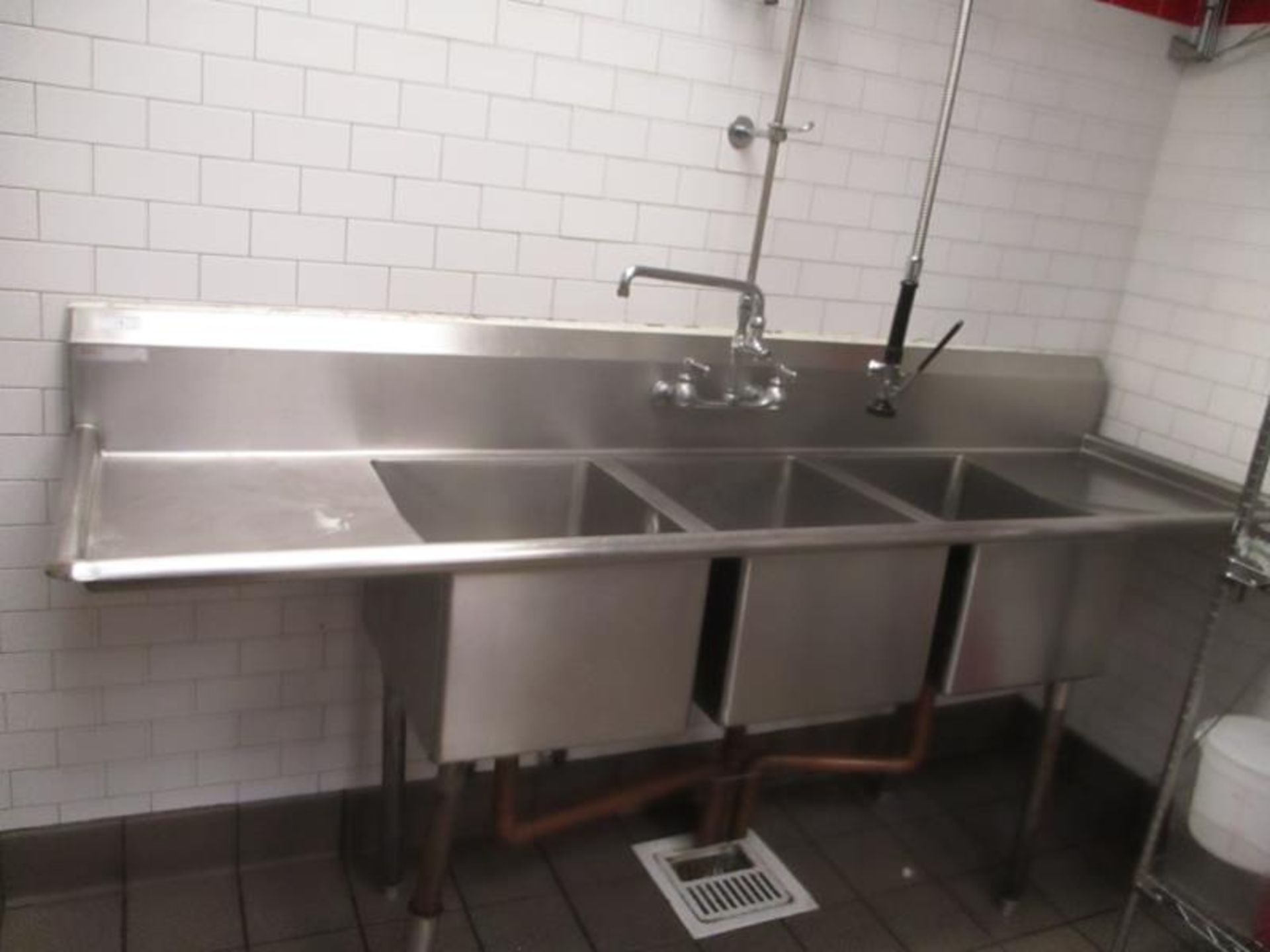 Three Compartment Sink w/ Dual Side Drainboards & Sprayer, One Legs Needs To Be Welded