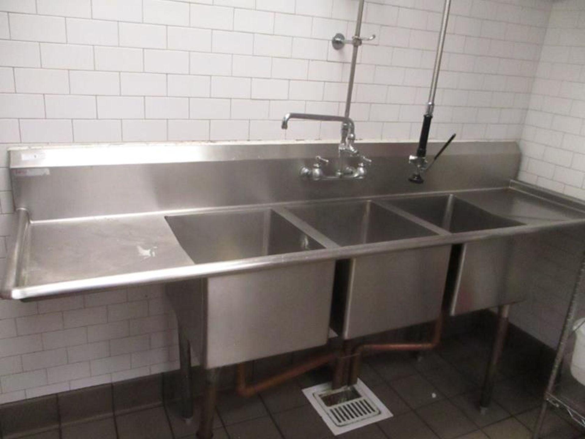 Three Compartment Sink w/ Dual Side Drainboards & Sprayer, One Legs Needs To Be Welded - Image 2 of 4