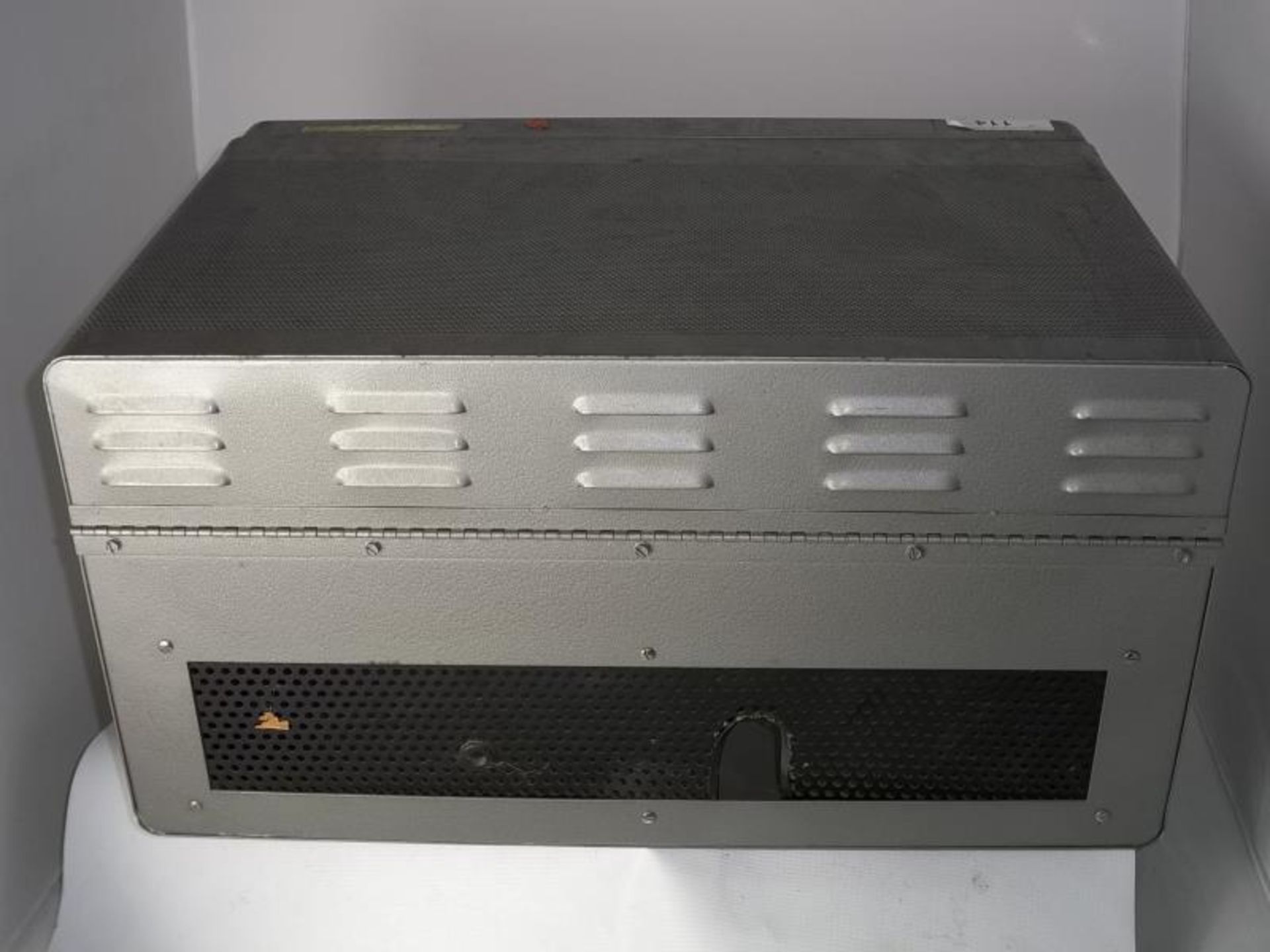 gray metal stainless steel stacking receiver case holder, lift top side handles, Bud Radio Corp., - Image 3 of 4