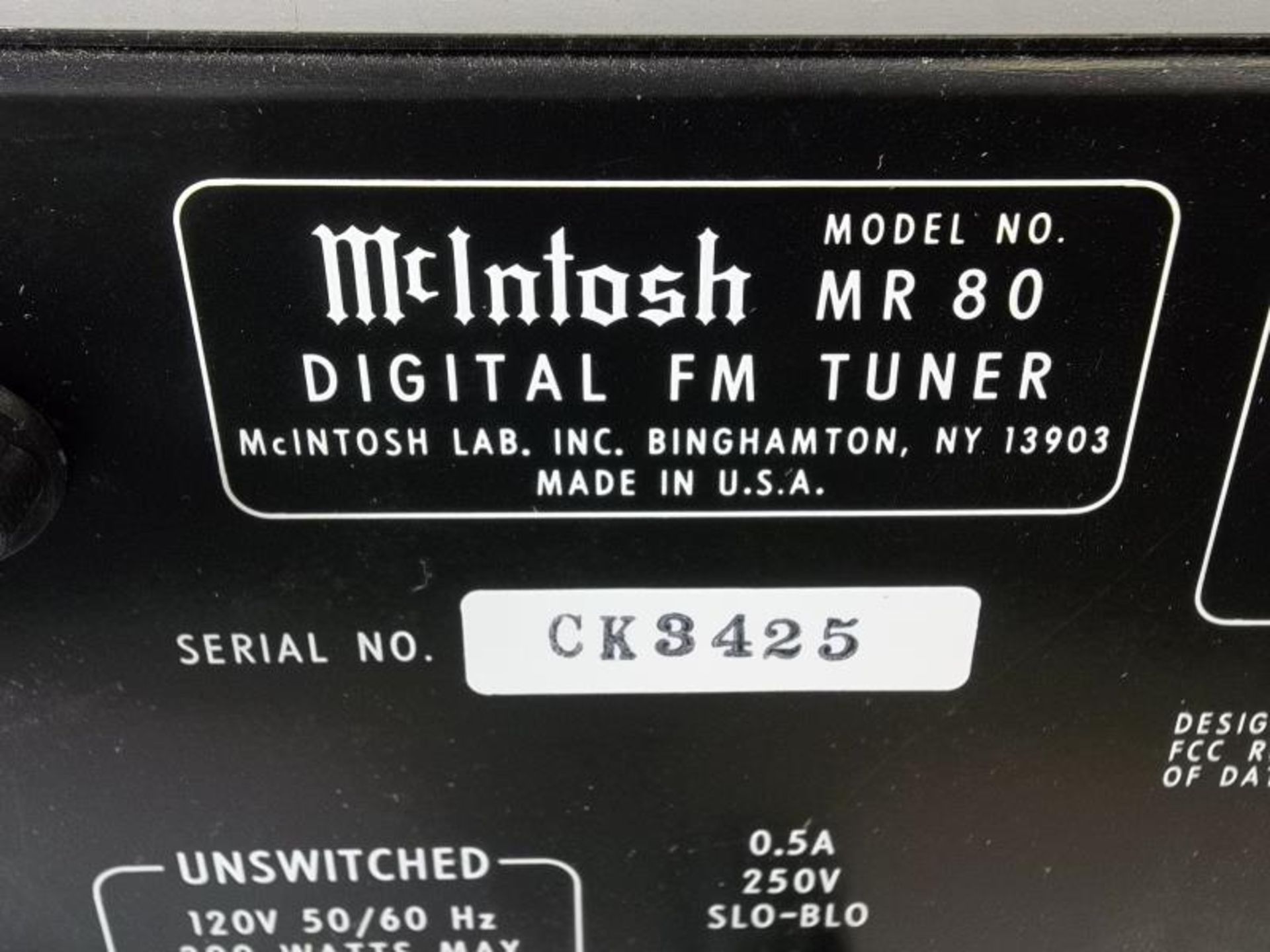 McIntosh MR 80, FM Tuner, no case, s # CK3425, tested - powers up - Image 6 of 7
