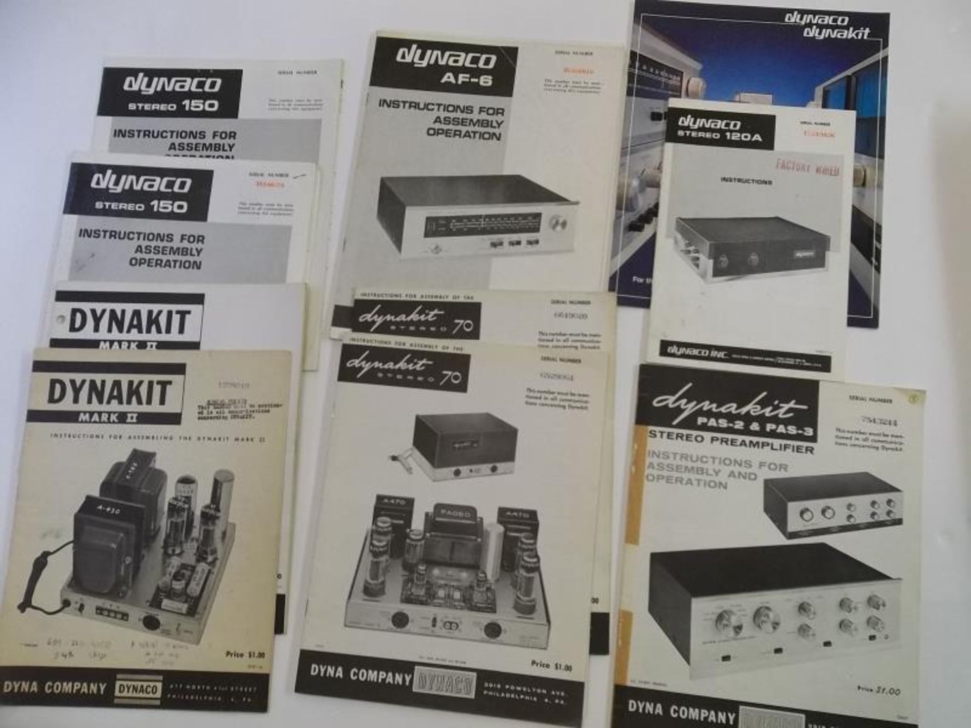 Lot of 10 Dynaco/Dynakit manuals for (2) Stereo 150, (2) Mark II, AF-6, (2) 70, 120A, PAS-2