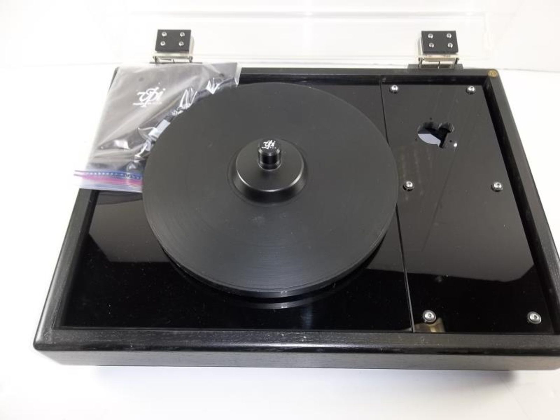 VPI turntable base with turntable, with dust cover, HW-19, s#2443, no arm, side VPI not attached - Image 2 of 3