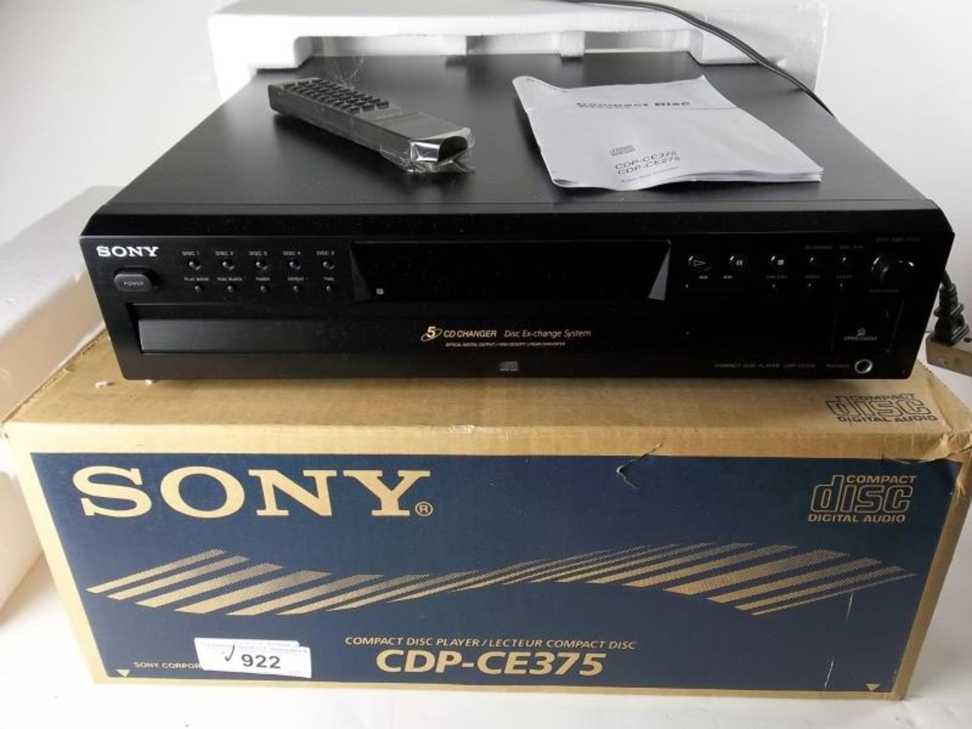 Sony compact disc player CDP CE375, tested - powers up, with remote and manual, in orig box