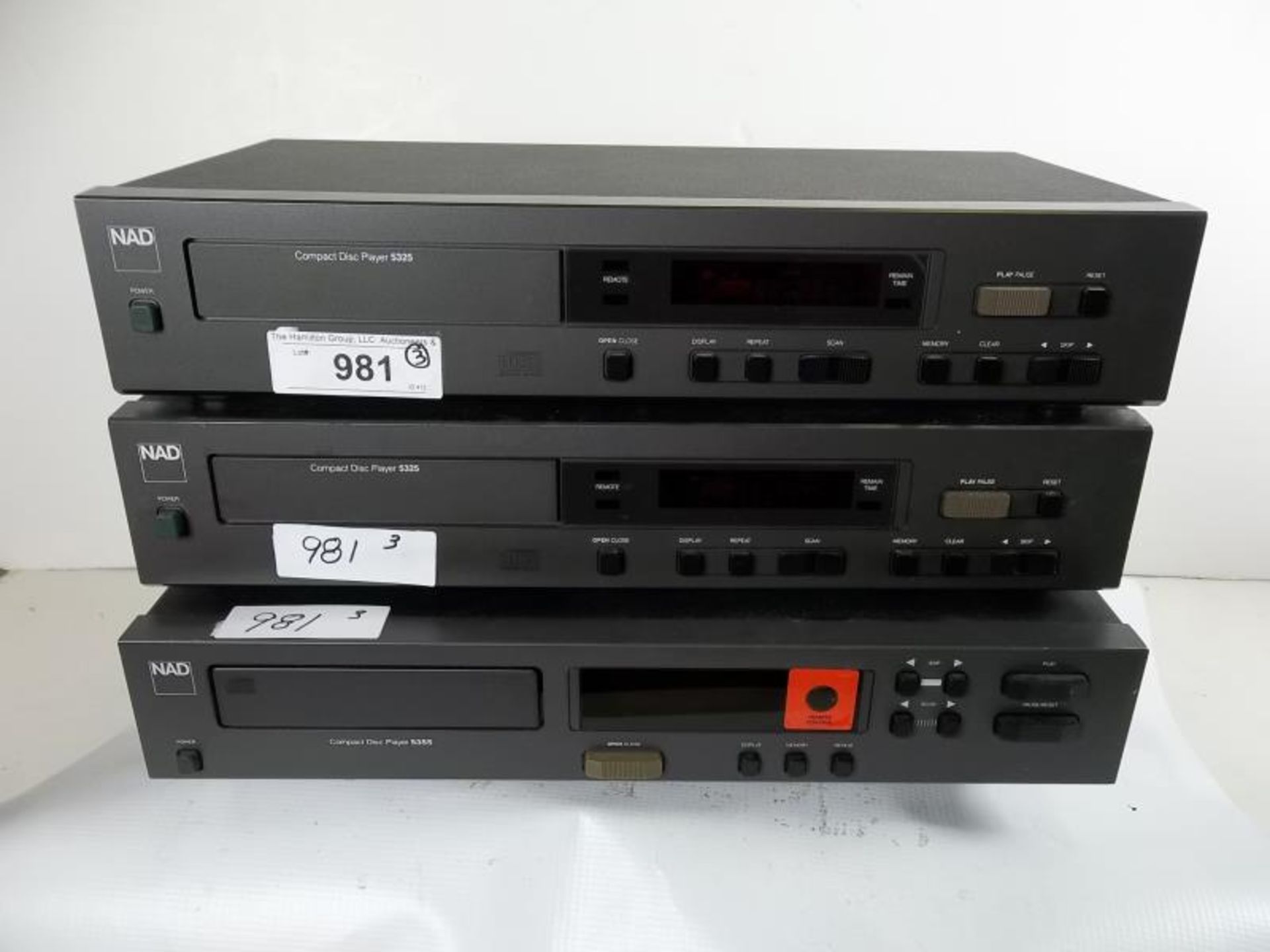 3 NAD compact disc players, (2) 5325, s # 90817691, s # 90691730749 and (1) 5355, s # 6252000398,