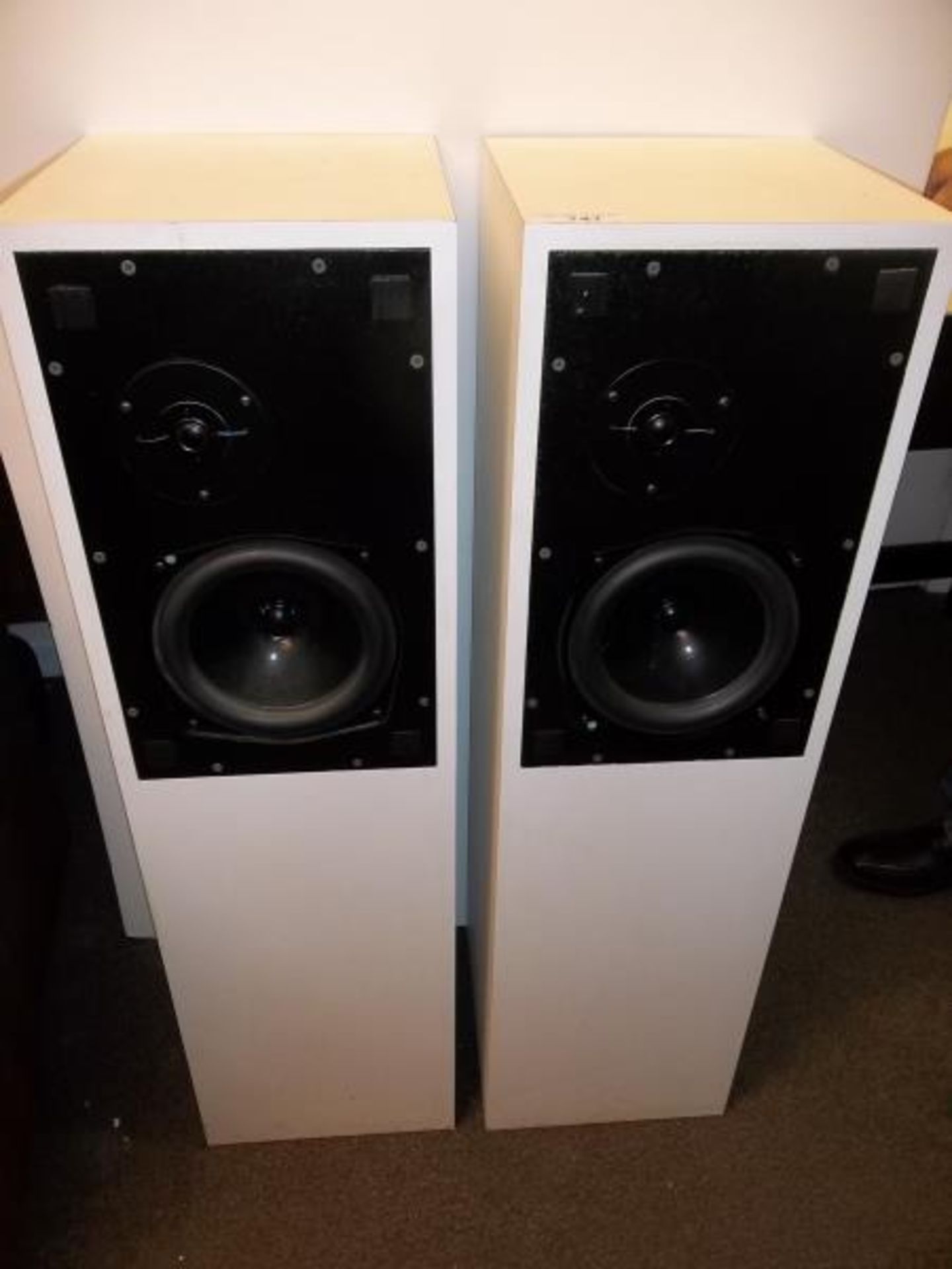 Pr Studio Speaker Cabinets, white laminate, 18" x 10 1/2" is the black metal speaker frame, 12"