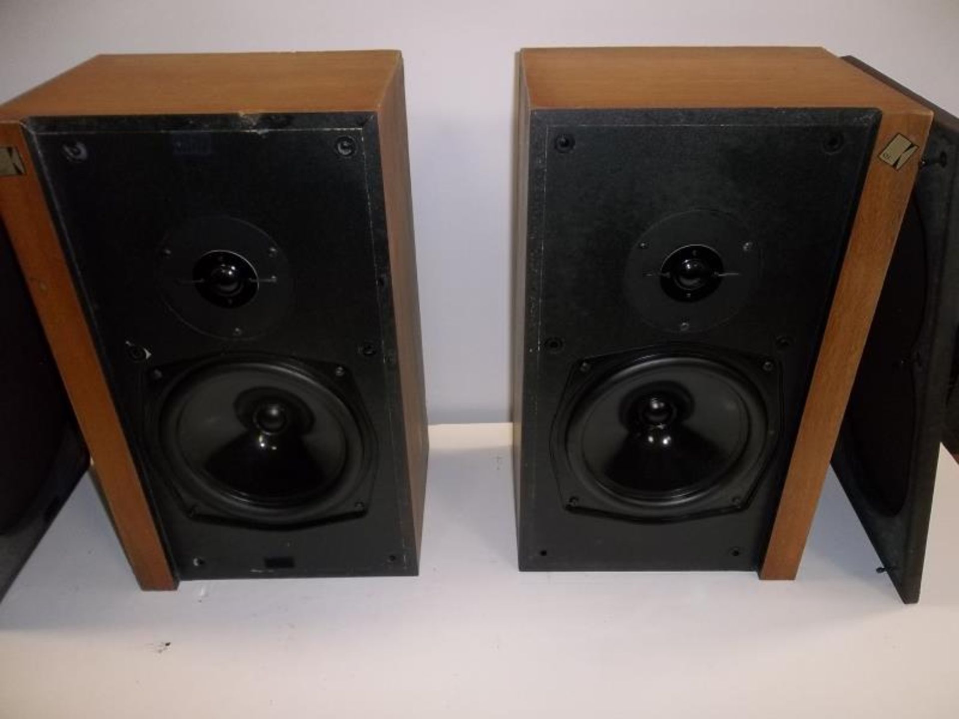 2 KEF Speakers, model 48799, 48800, wood cases are faded, stained, chipped, velcro on one, fabric - Image 2 of 4