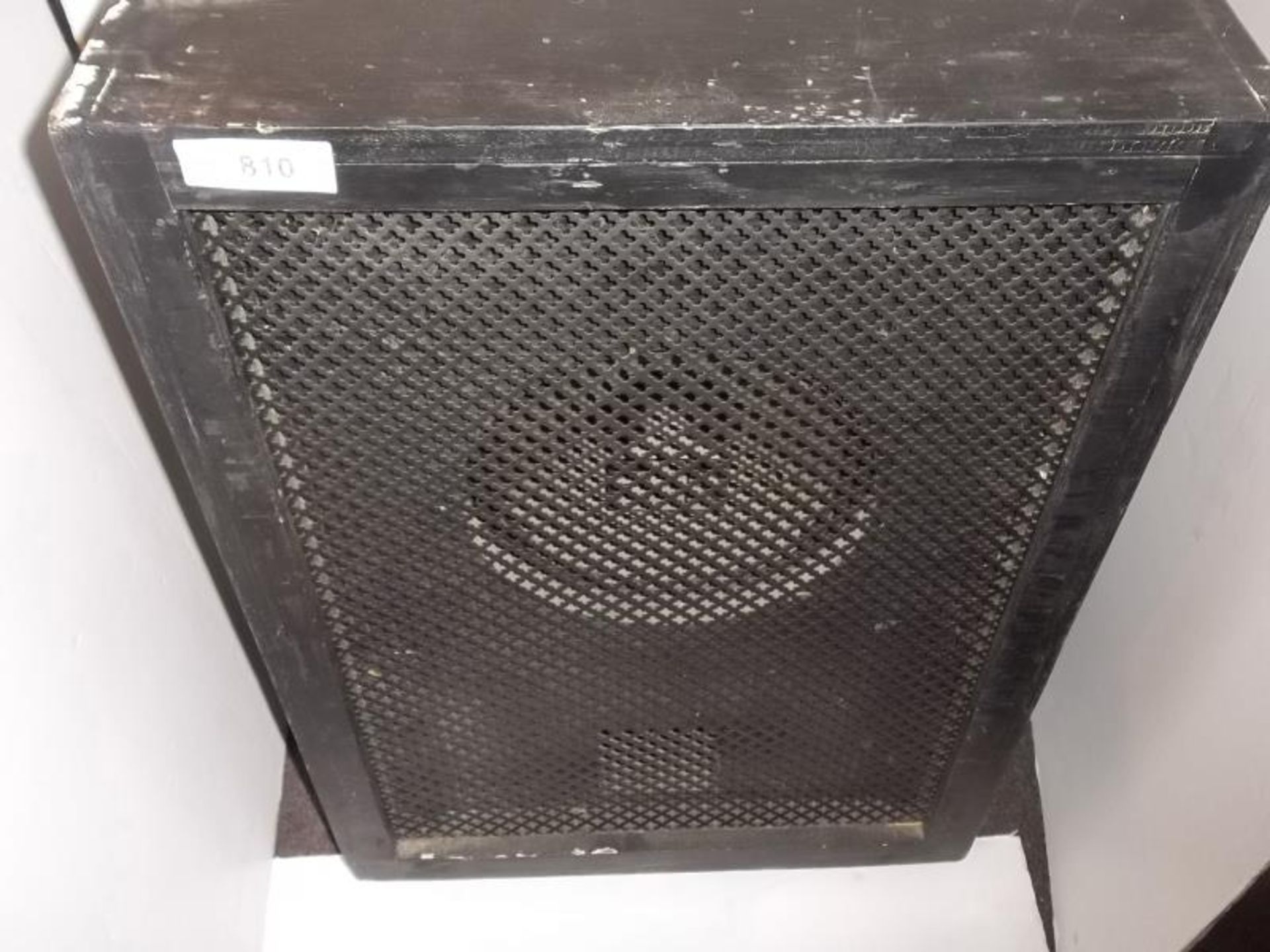 Pair of Altec speaker cabinets, painted black with one speaker in each, some damage to screens and