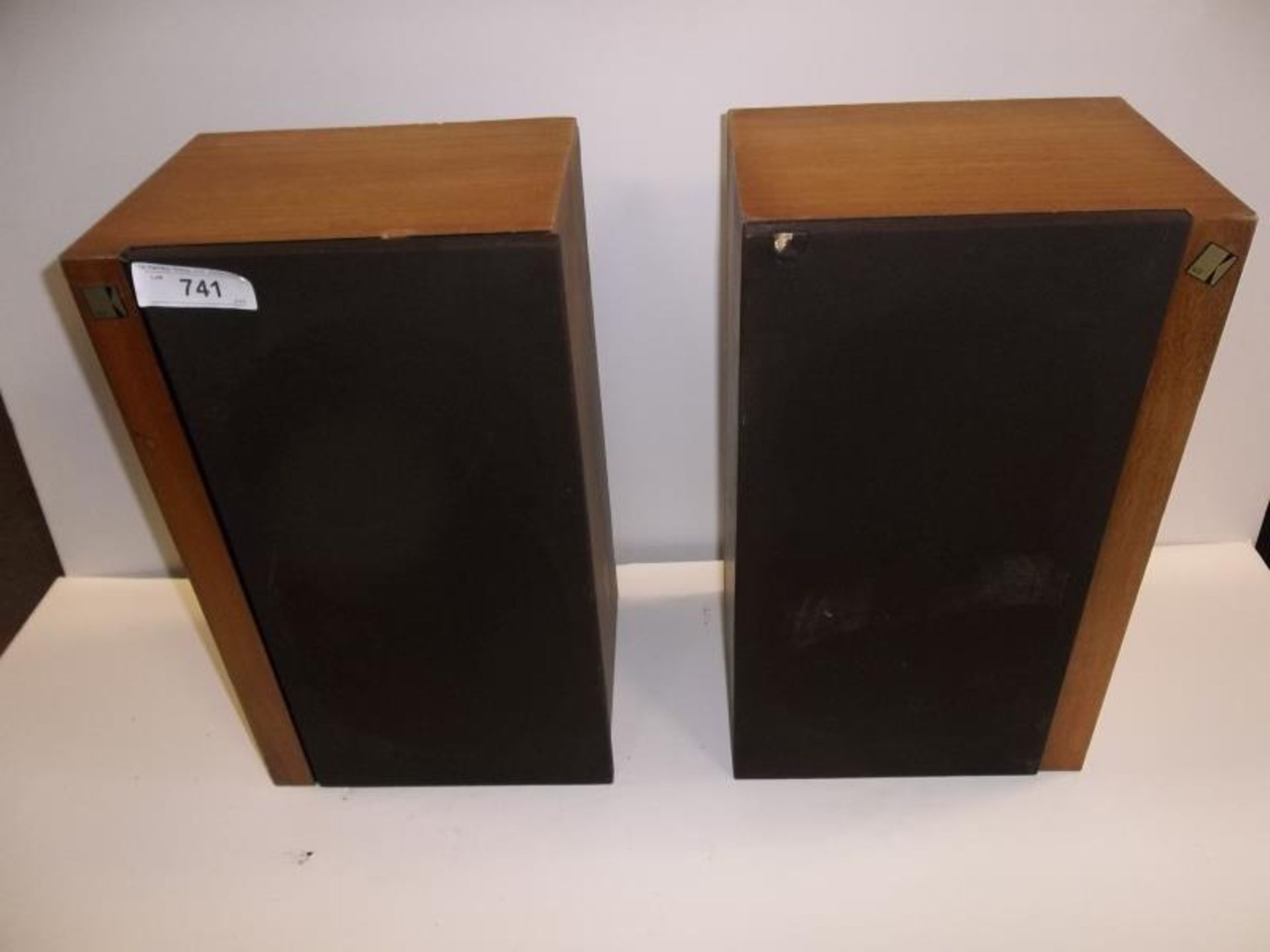 2 KEF Speakers, model 48799, 48800, wood cases are faded, stained, chipped, velcro on one, fabric