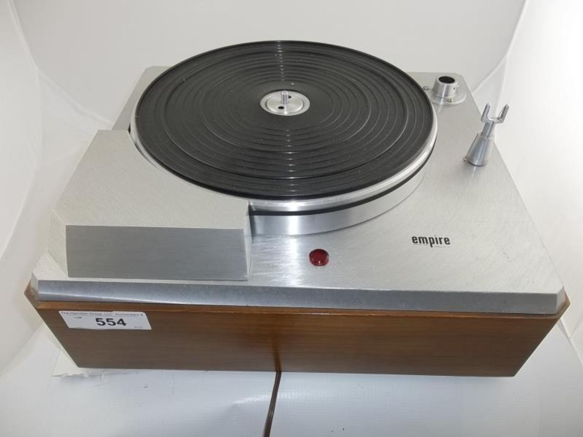 Empire turntable, brushed silver finish, no arm, wood base is nicked, #19727