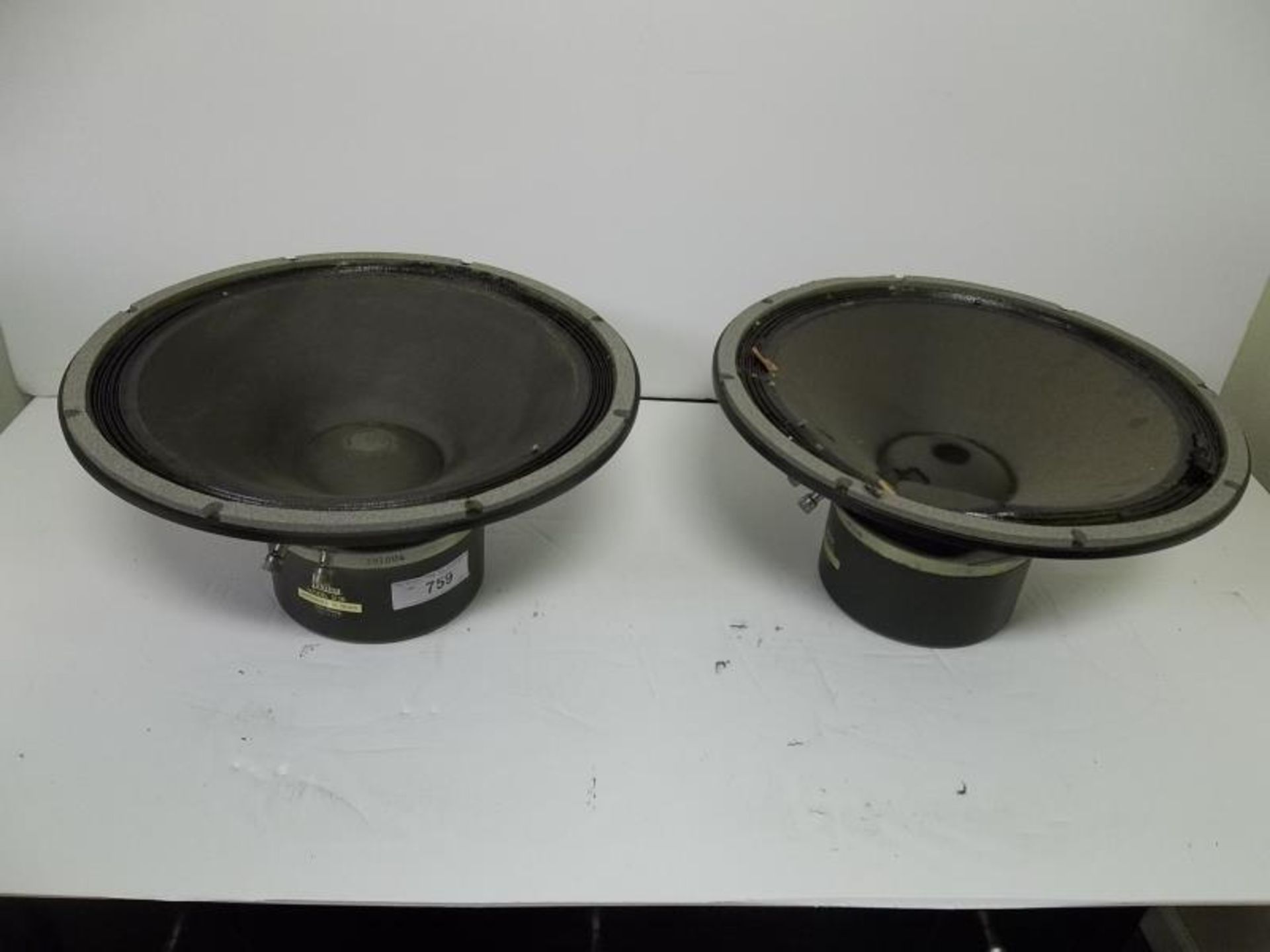 2 Altec Lansing model 515B loud speakers, 15", 16" ohms, one cone ripped, one cone dirty, speaker