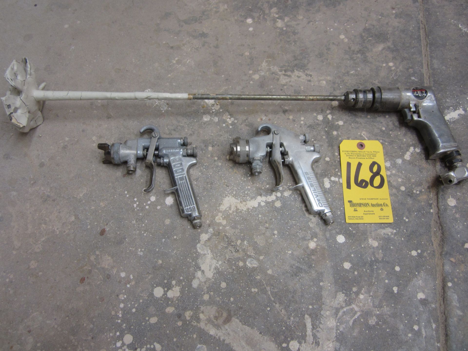 (2) Spray Guns, (1) Binks and (1) Devilbiss, and Jet Pneumatic Drill with Mixer