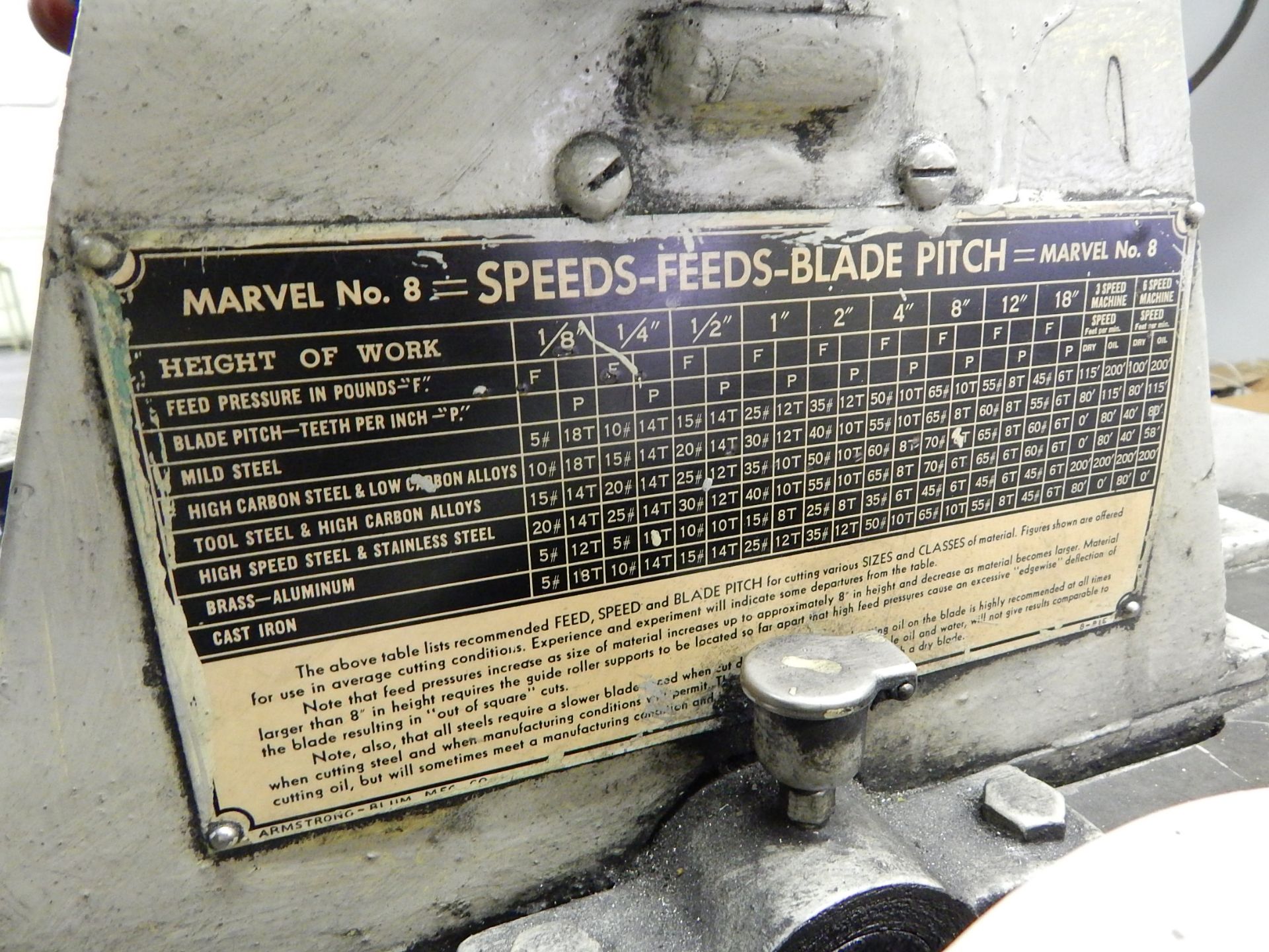 Marvel Model 8/M8 Tilt Frame Vertical Band Saw, s/n 88360, Loading Fee $100.00 - Image 12 of 12