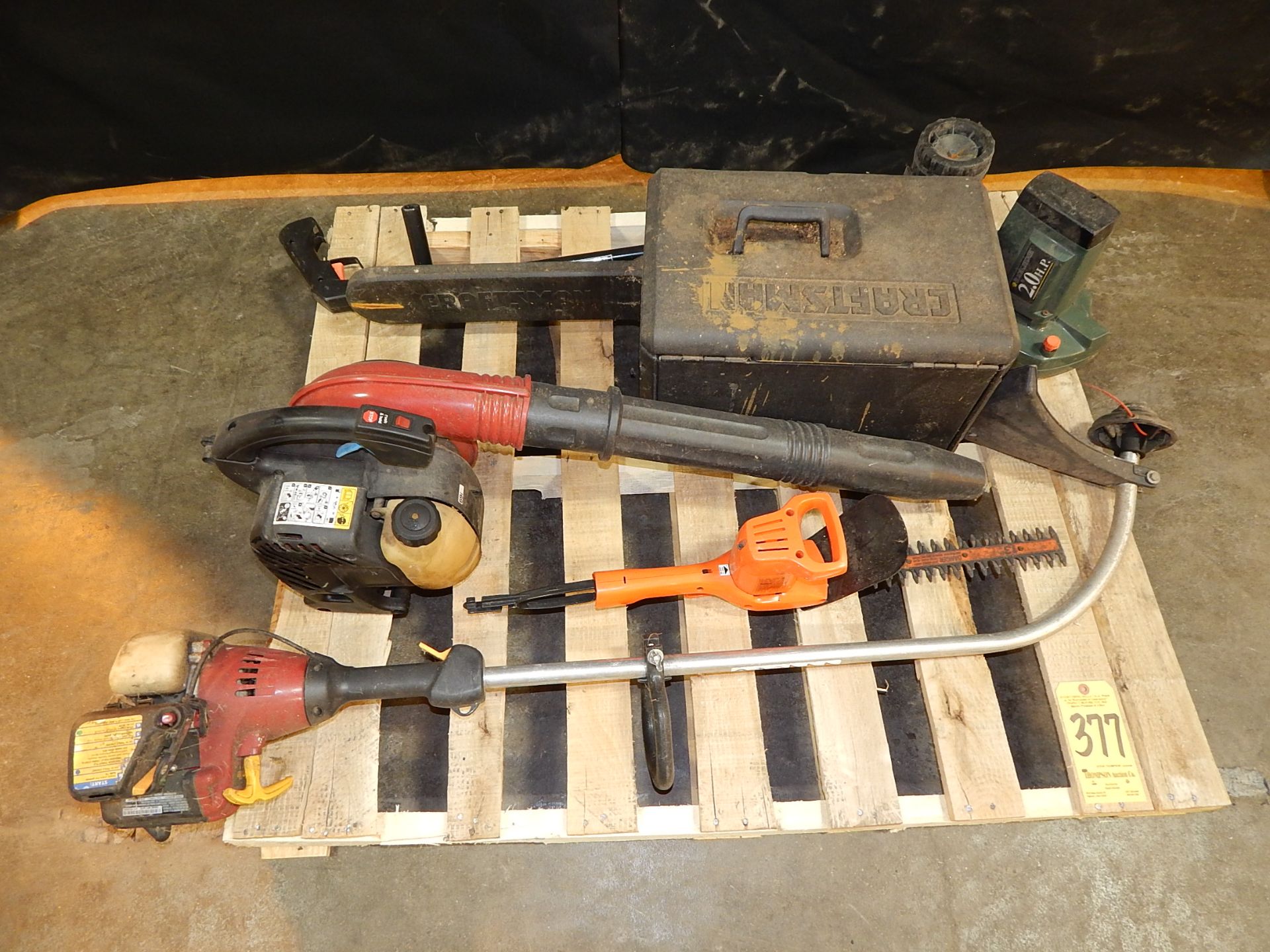 Skid Lot of Craftsman Chain Saw, Homelite Blower, Homelite Trimmer, Black & Decker Hedge Trimmer and