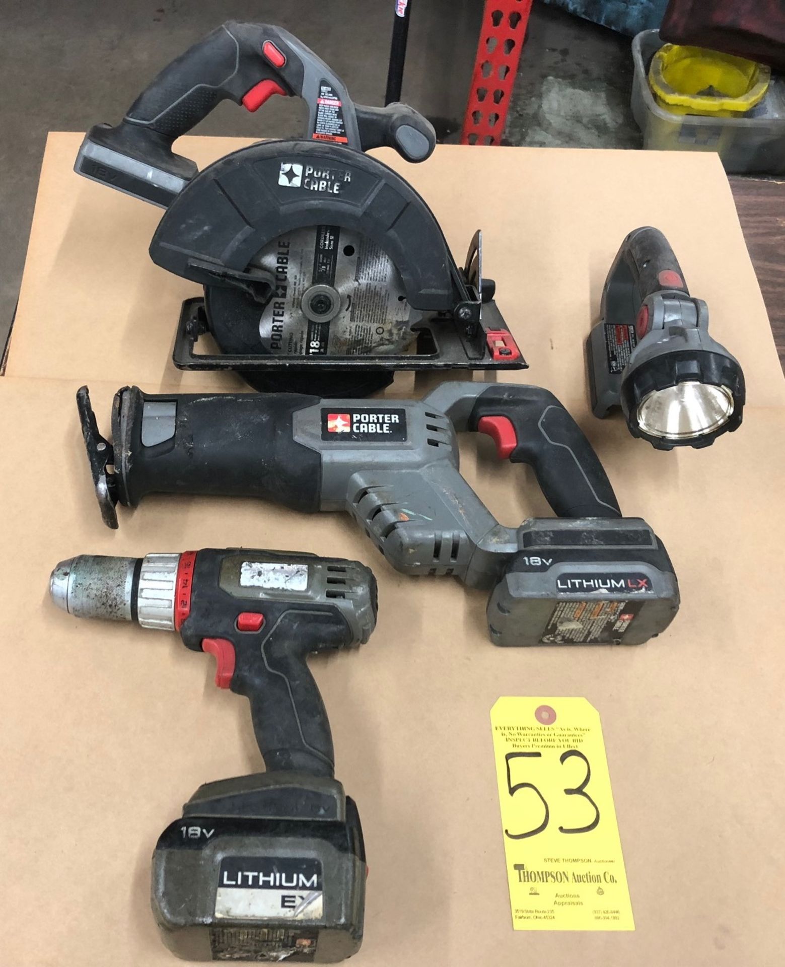 Lot, Porter Cable 1/2 In. Electric Drill, Trouble Light, Sawzall, and 6 1/2 In. Circular Saw, 18 V