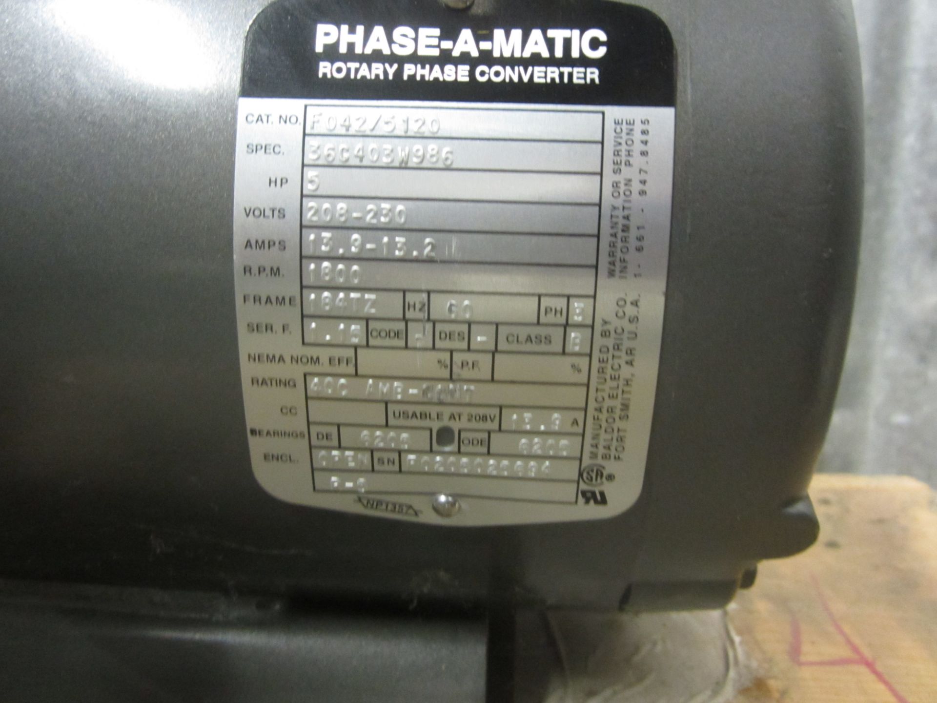 Phase-A-Matic Model R-5 Rotary Phase Converter, SN CC008, Converts 220V, 1 phase to 220V, 3 phase, - Image 3 of 5