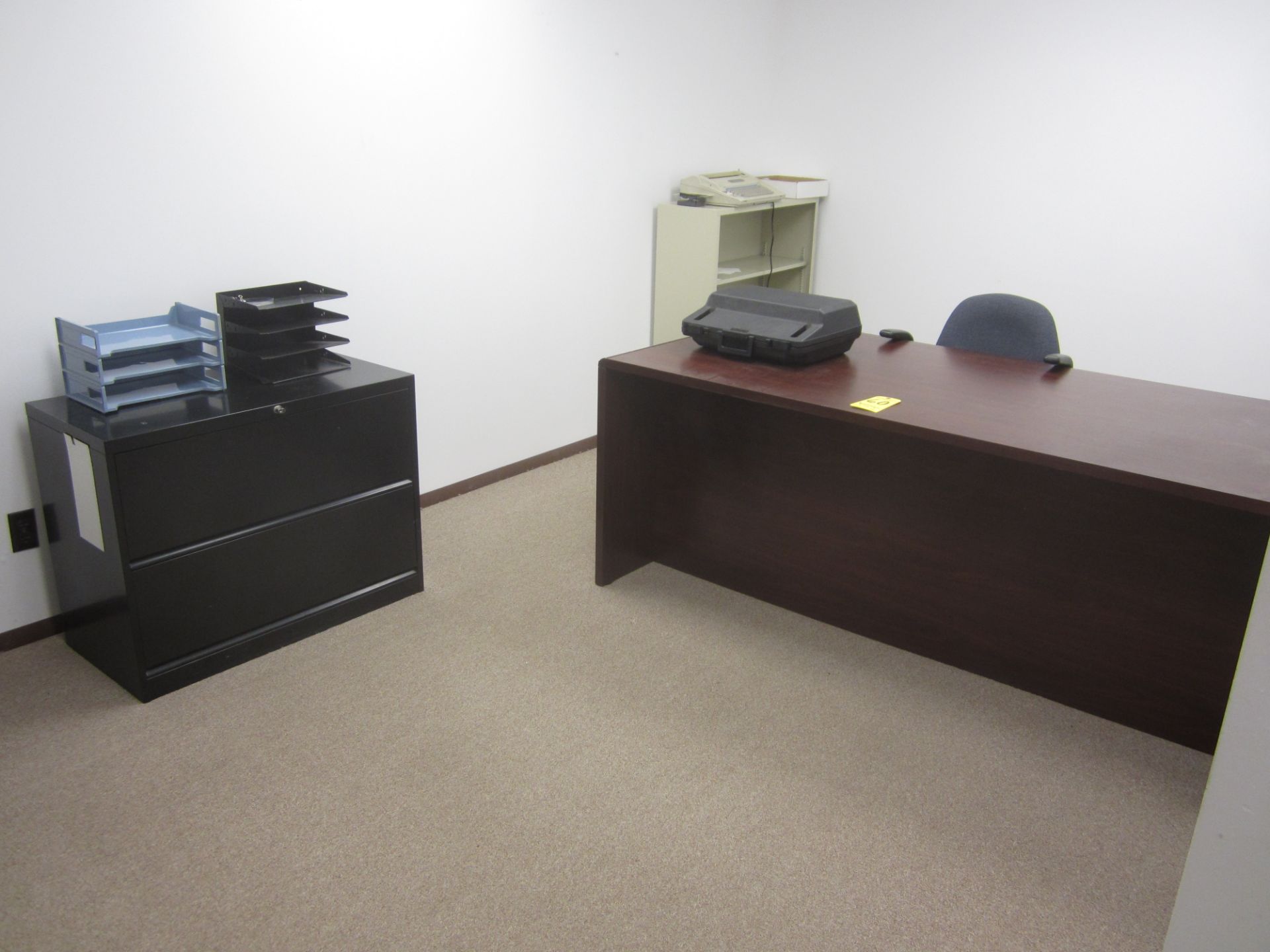 Contents of Office: Desk, Chair, (2) 2-Drawer Lateral Files, Metal Bookshelf, (2) Typewriters
