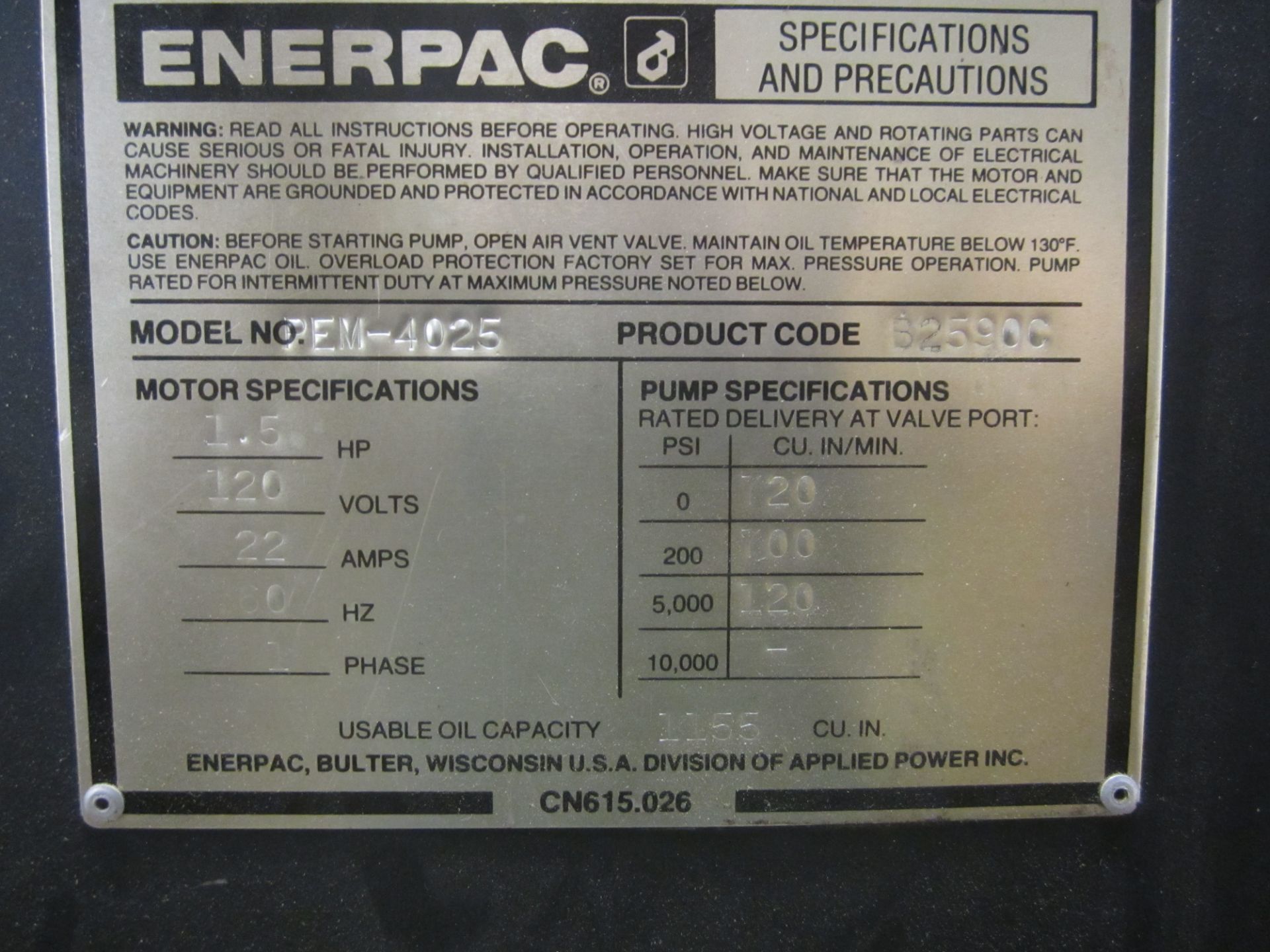 Wilson Model 37FMD-3 H-Frame Hydraulic Shop Press, SN 2336, 75 Ton Cap., with Enerpac Hydraulic - Image 4 of 6