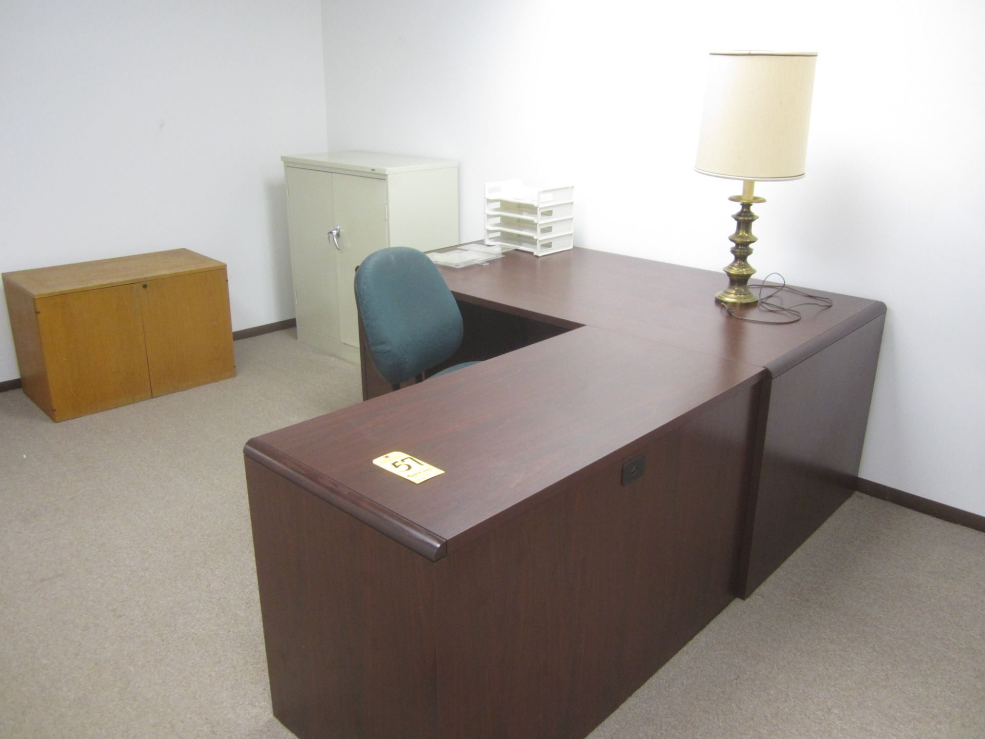 L-Shaped Desk, Lamp, Chair, 2-Door Metal Cabinet, and 2-Door Wooden Cabinet