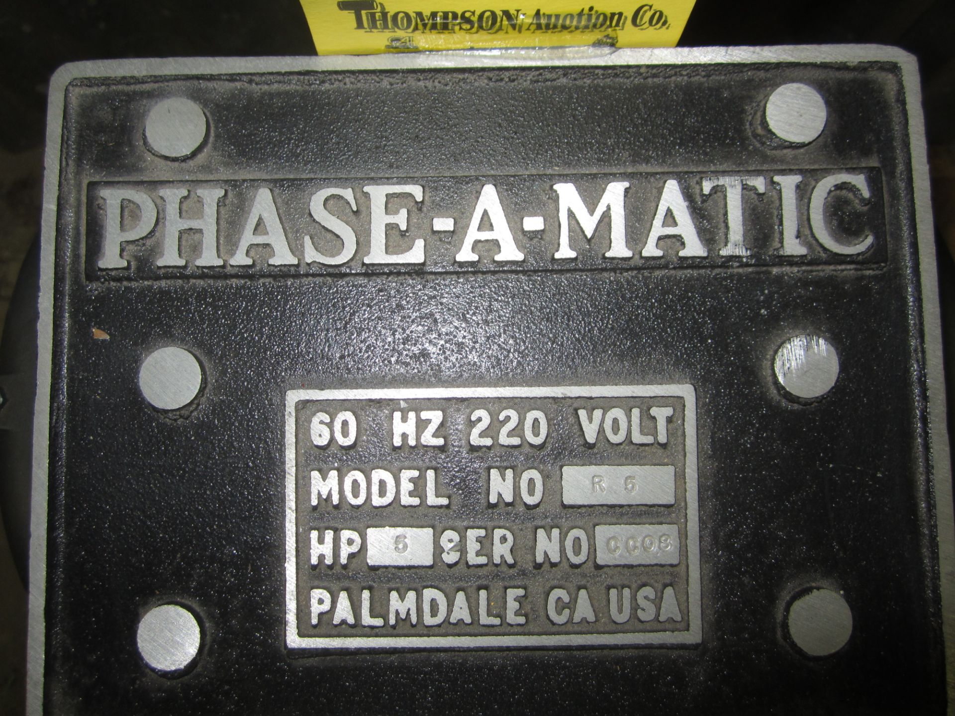 Phase-A-Matic Model R-5 Rotary Phase Converter, SN CC008, Converts 220V, 1 phase to 220V, 3 phase, - Image 2 of 5