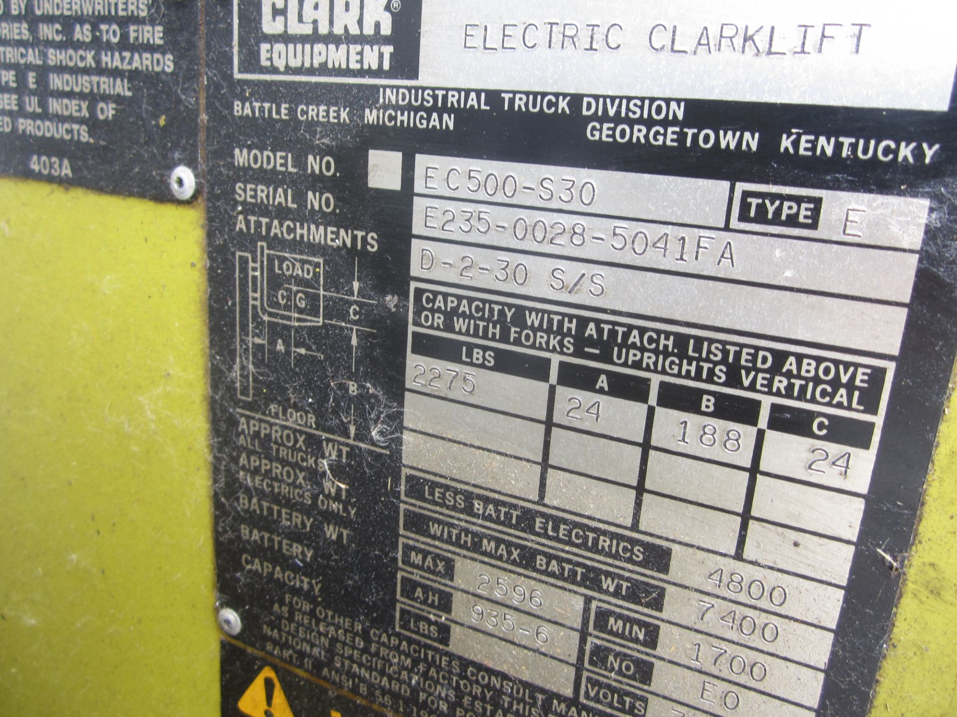 Clark Model EC500-S30 Electric Forklift, s/n E235-0028-5041FA, 2,275 Lb. Capacity, 3-Stage Mast, - Image 2 of 4