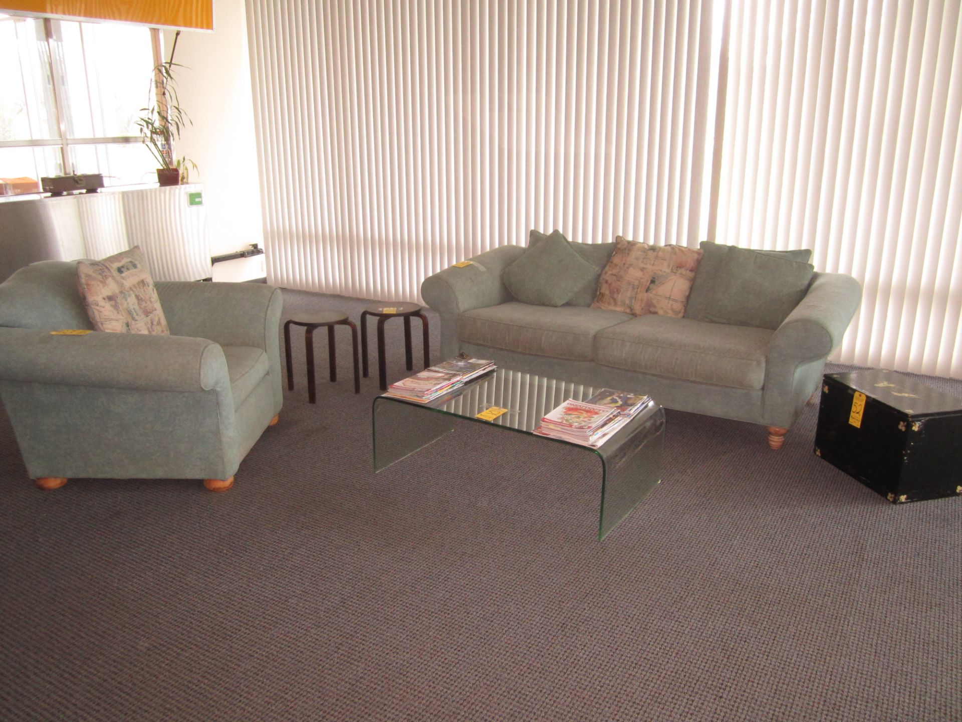 Couch, Chair, Glass Coffee Table, (2) End Tables, and Chest